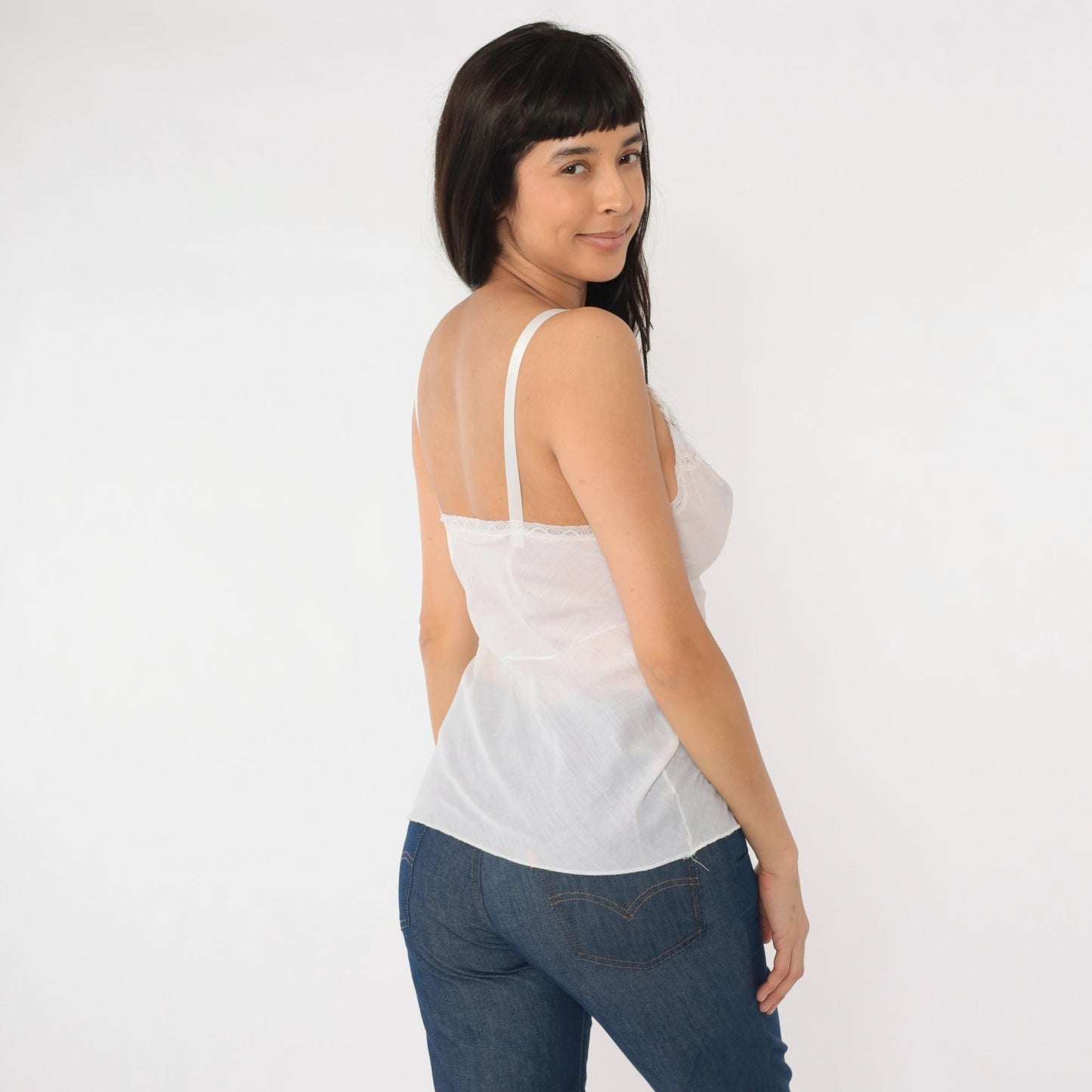 70s White Eyelet Embroidered Lace Camisole Spaghetti Strap Tank Small S