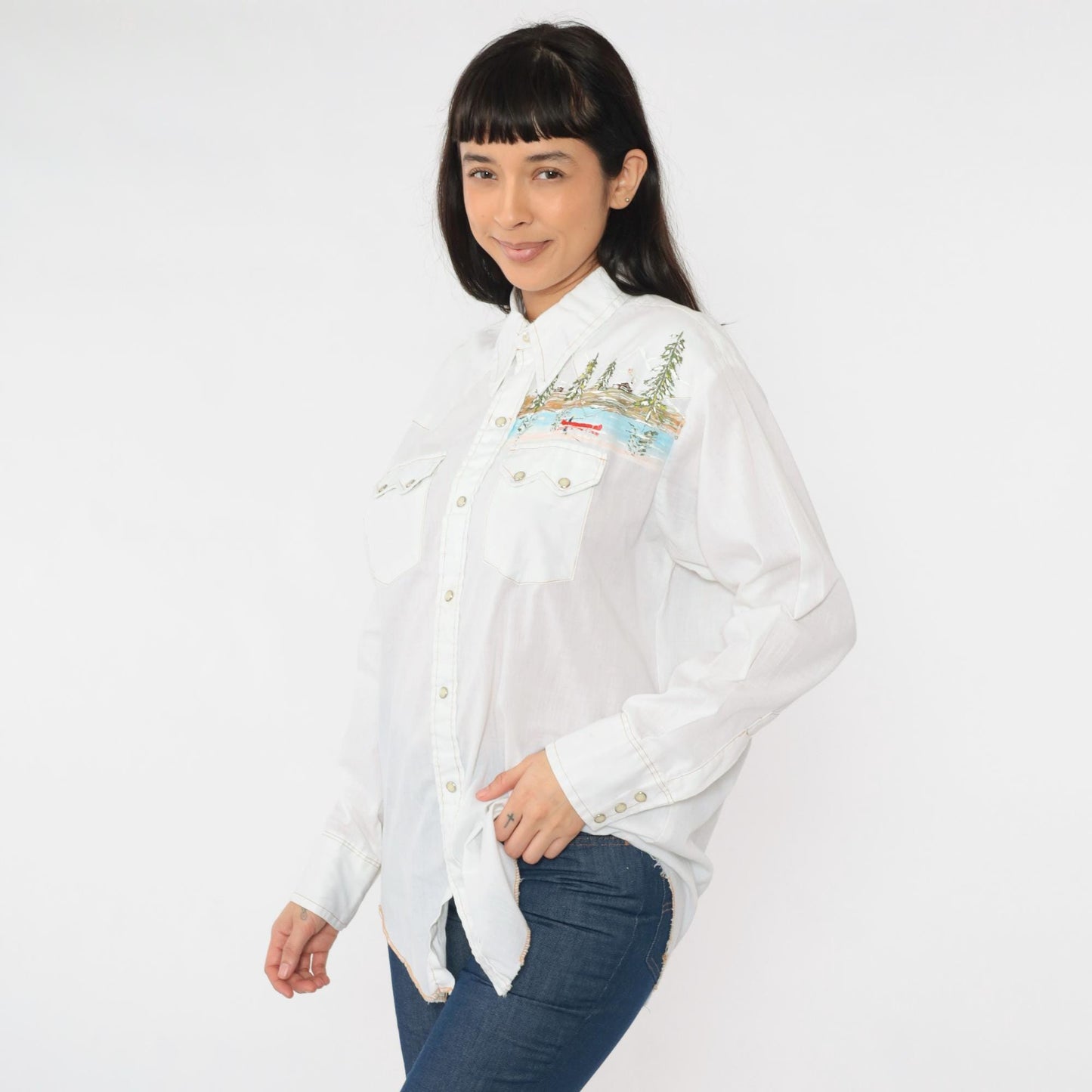 70s Dee-Cee Western Shirt Hand-Painted Fly Fishing Scene Pearl Snap Large L