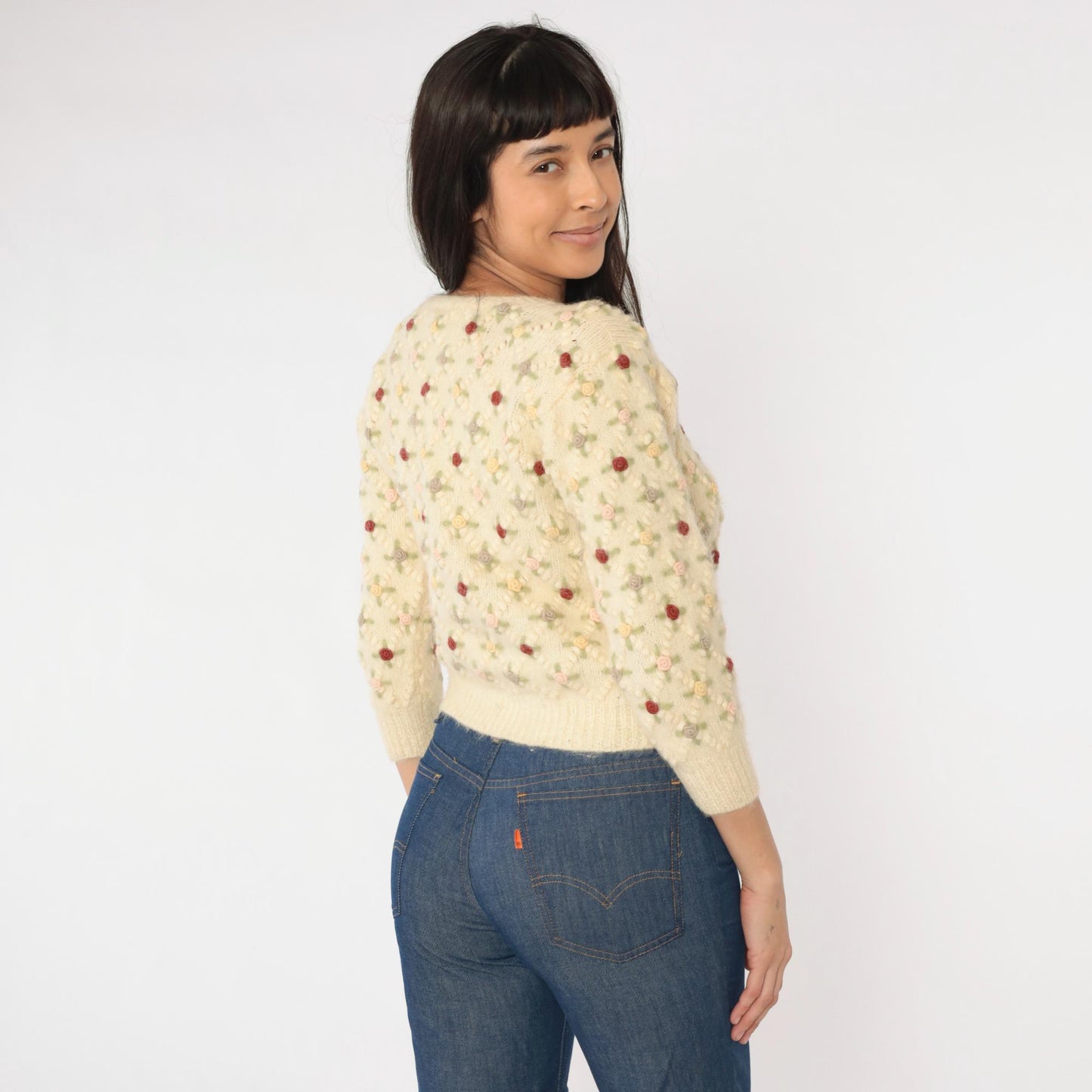 60s Wool Cardigan Cream Floral Embroidery Cropped 3/4 Sleeve Extra Small