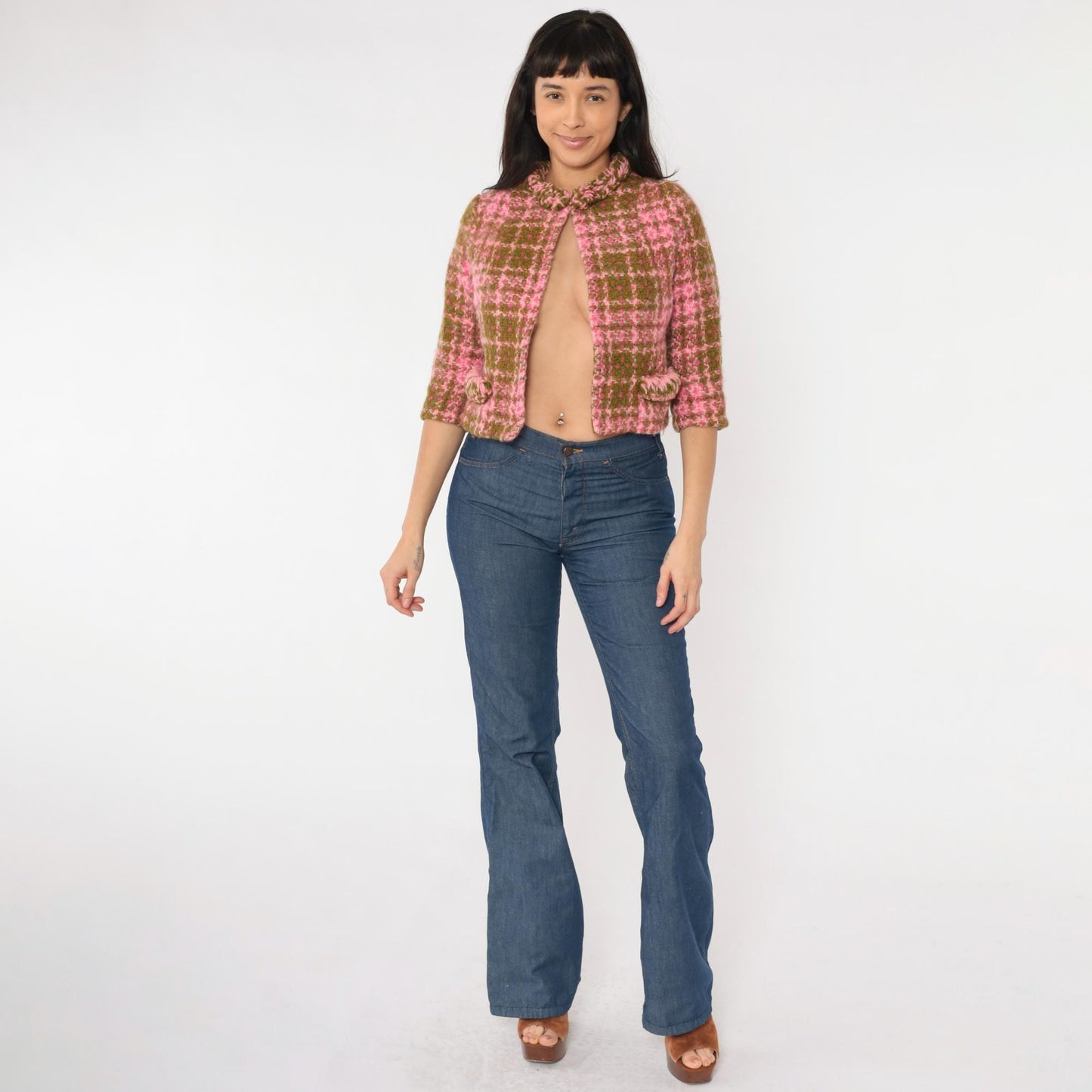 60s Pink Olive Plaid Wool Jacket Cropped Ruffled Collar Extra Small