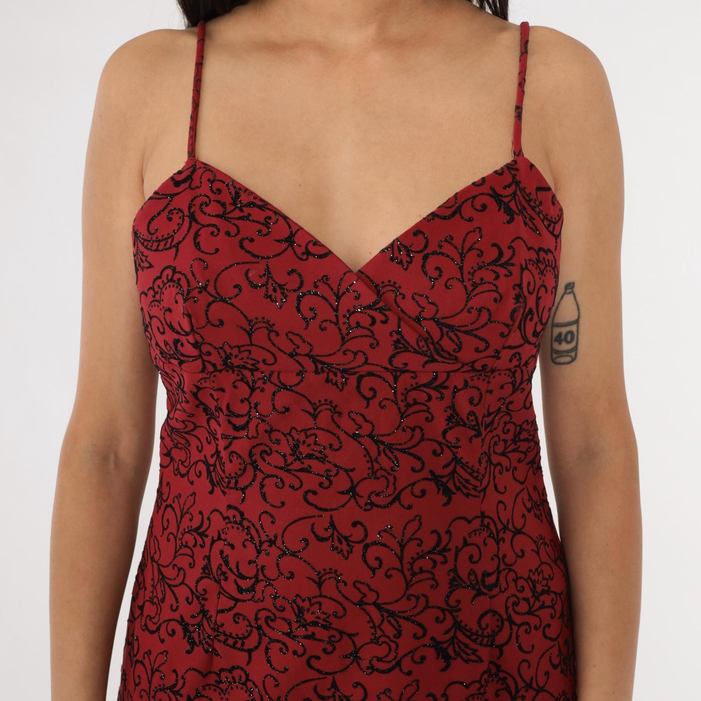 90s La Belle Red Floral Midi Dress Glittery Flocked Empire Waist Medium