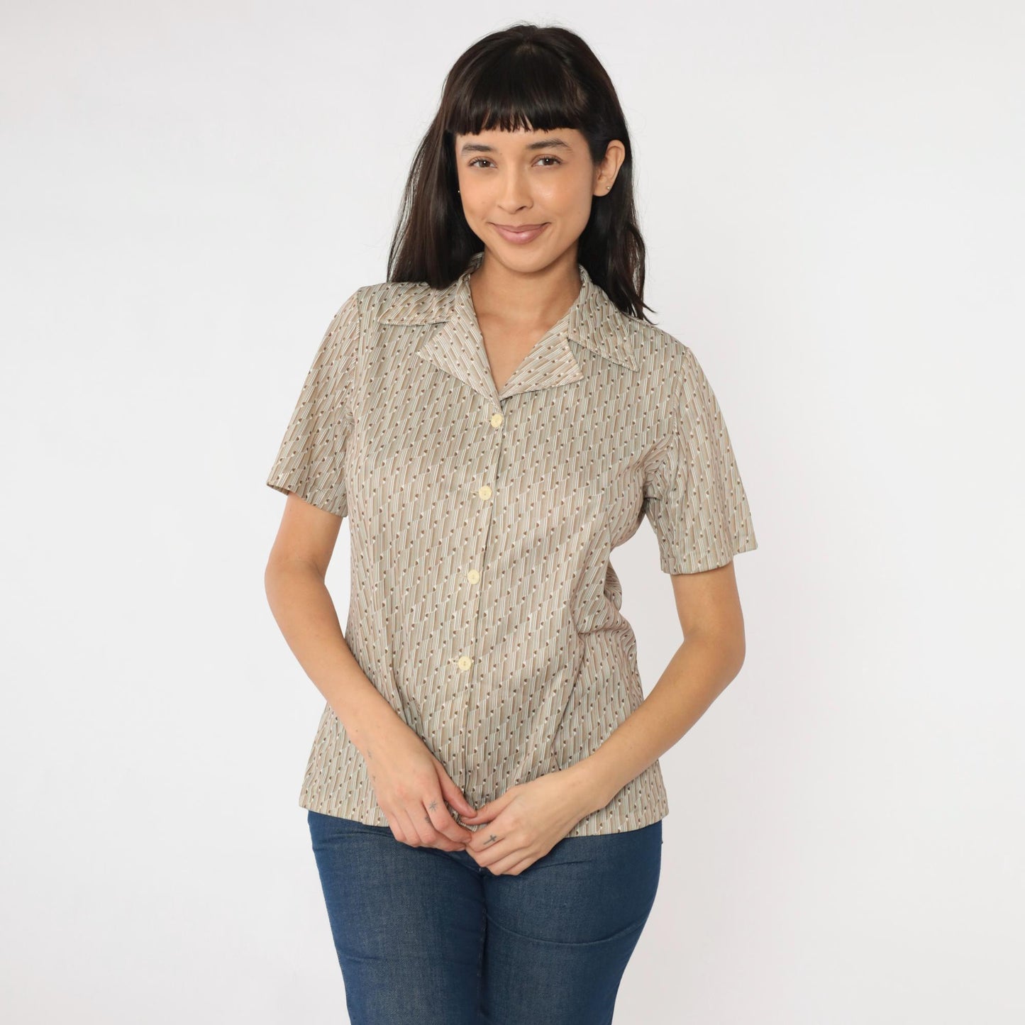 70s Op Art Geometric Blouse White Brown Disco Shirt Short Sleeve Medium