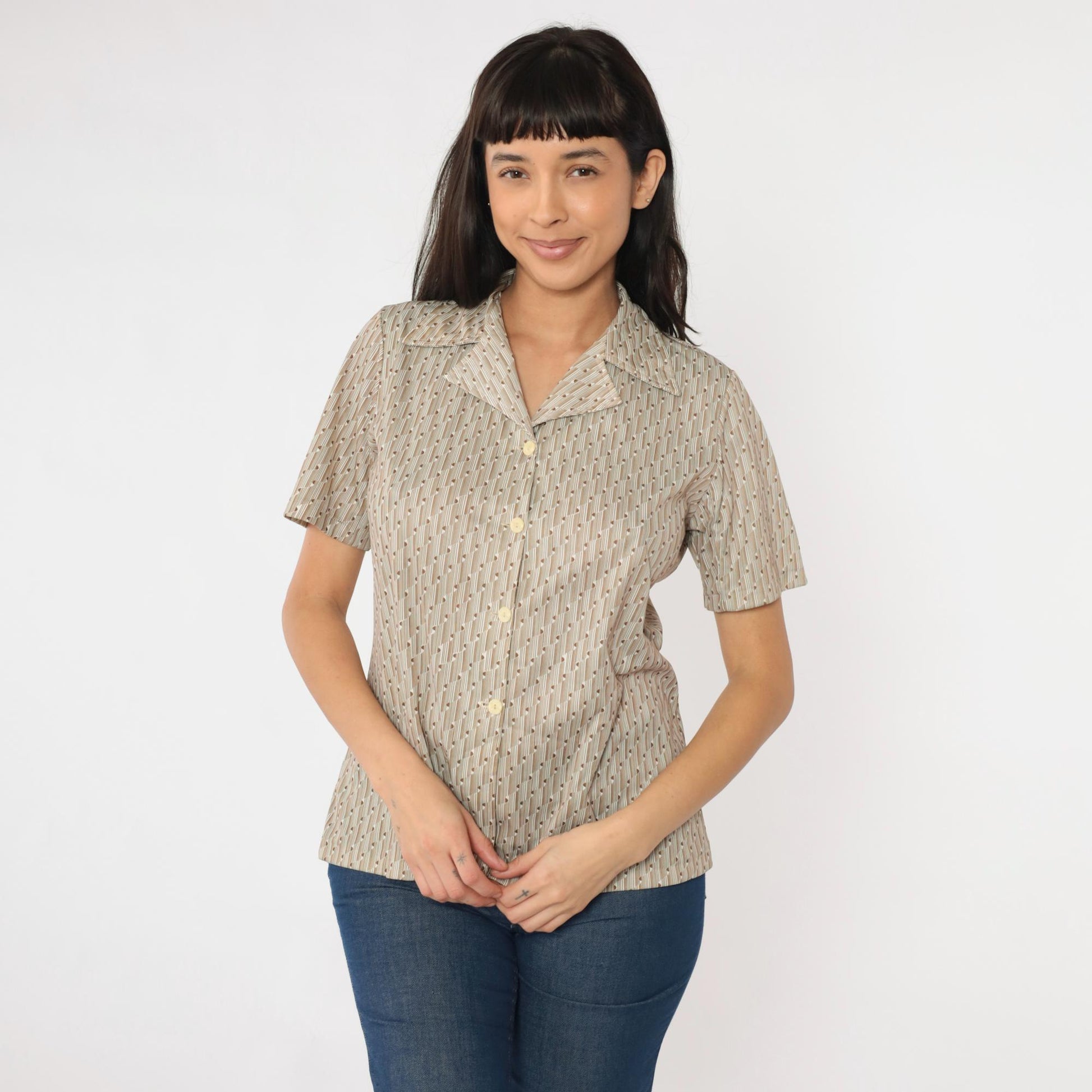 70s Op Art Geometric Blouse White Brown Disco Shirt Short Sleeve Medium