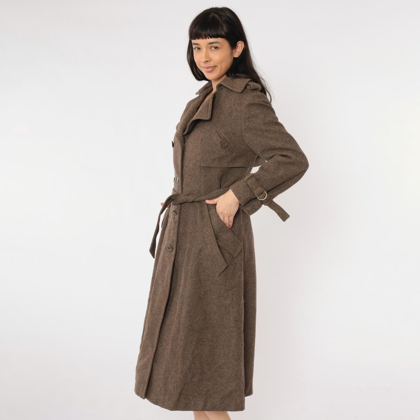 1960s Brown Wool Trench Coat Double Breasted Belted Midi Medium M