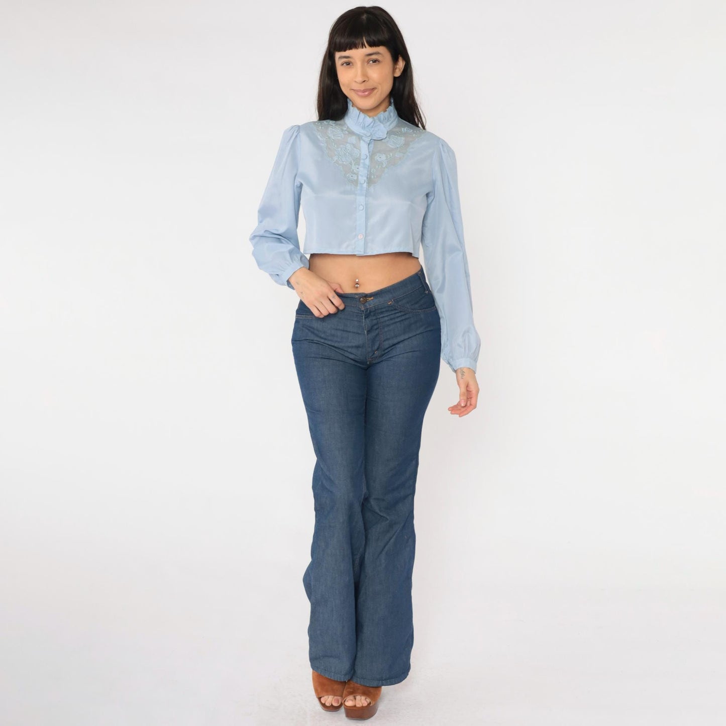 80s Light Blue Victorian Crop Top Puff Sleeve Button Up Blouse Small Medium