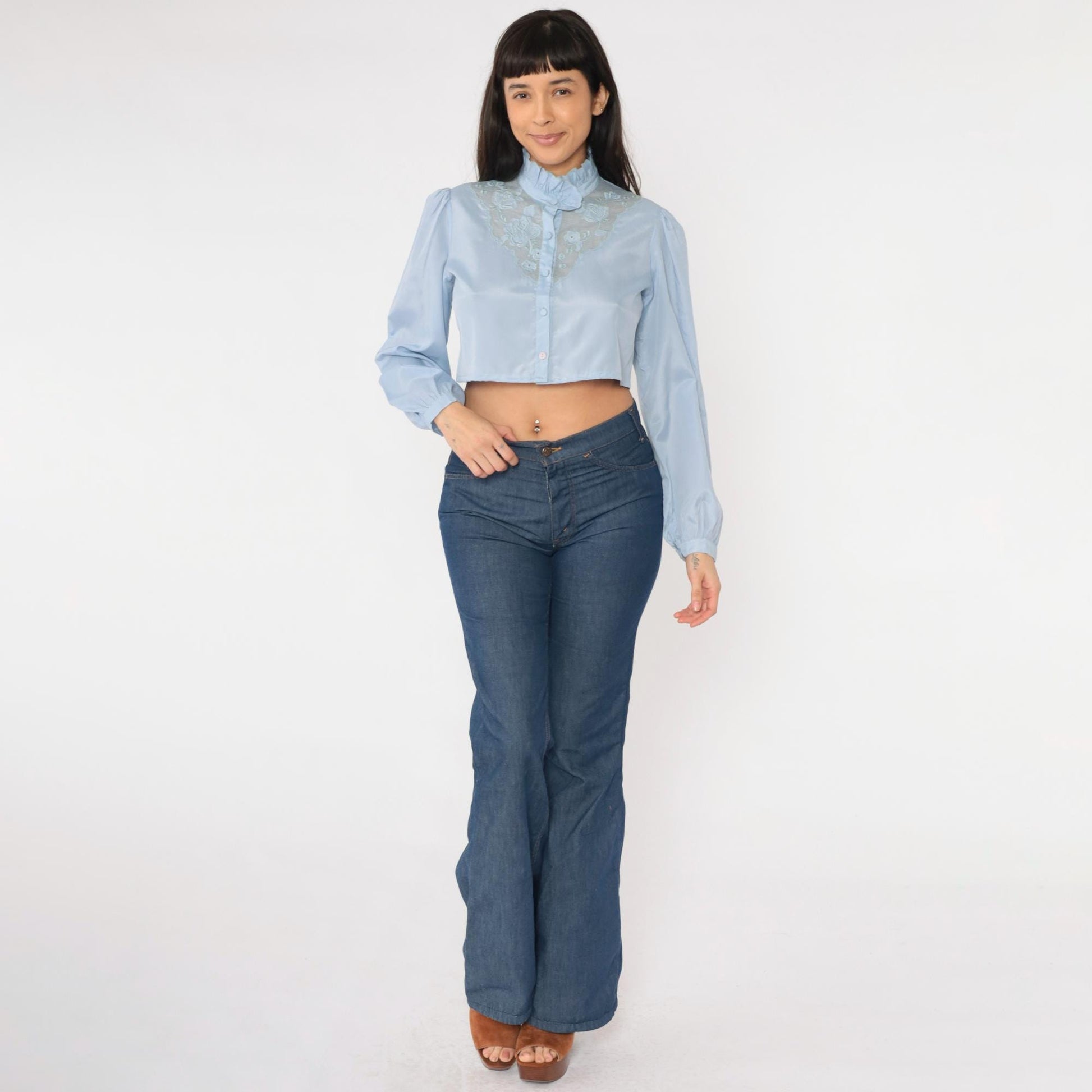 80s Light Blue Victorian Crop Top Puff Sleeve Button Up Blouse Small Medium