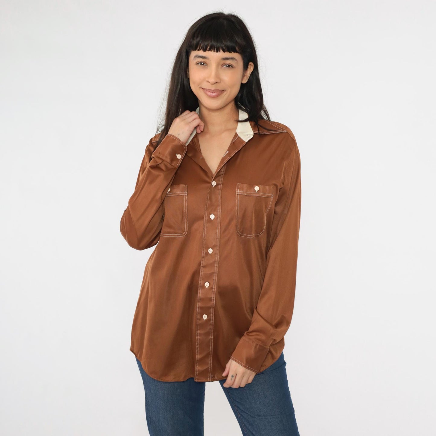 70s Mohawk Brown Dagger Collar Shirt Topstitch Long Sleeve Large