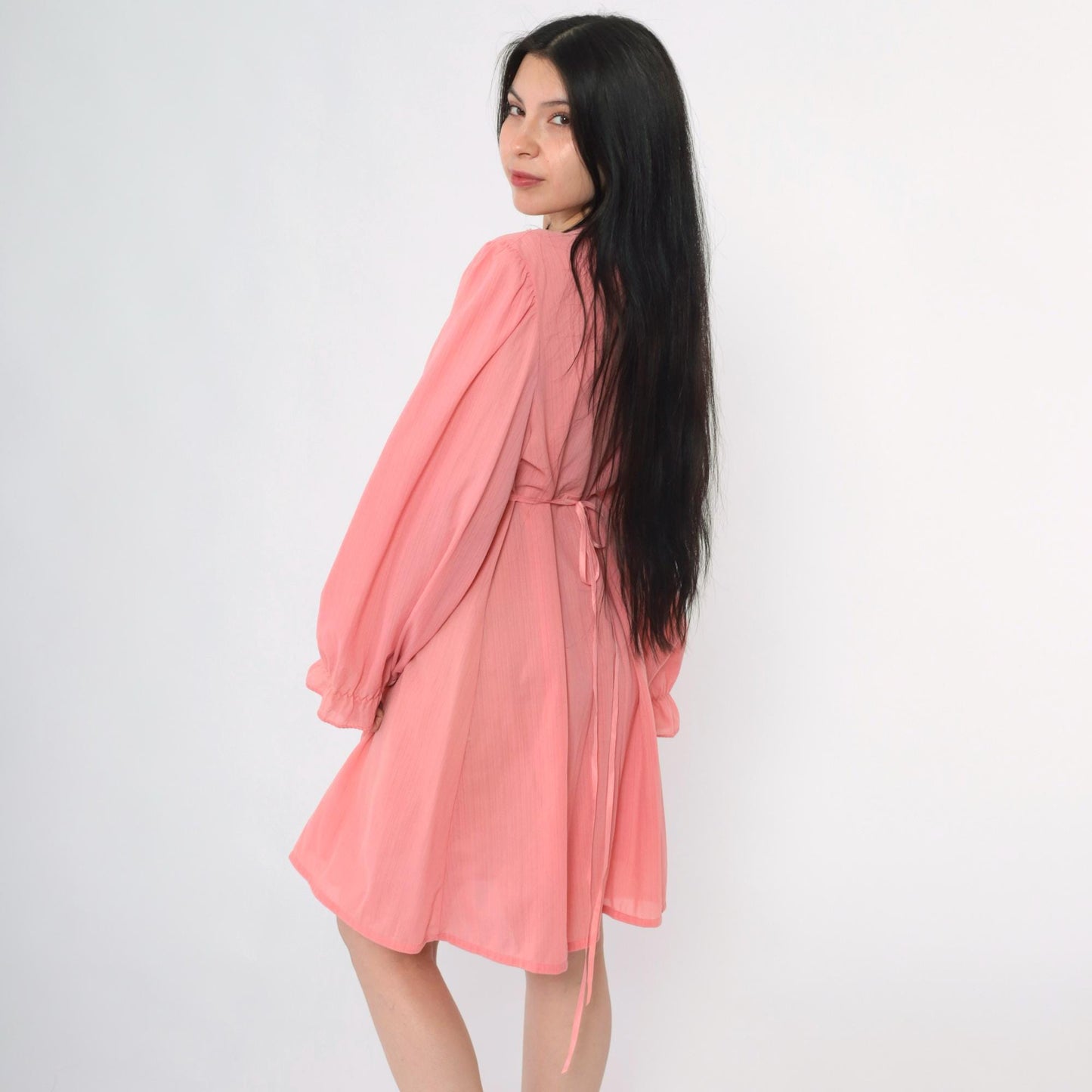 70s Pink Babydoll Dress Puff Sleeve Empire Waist Mini Sheer Ruffle Trim Large