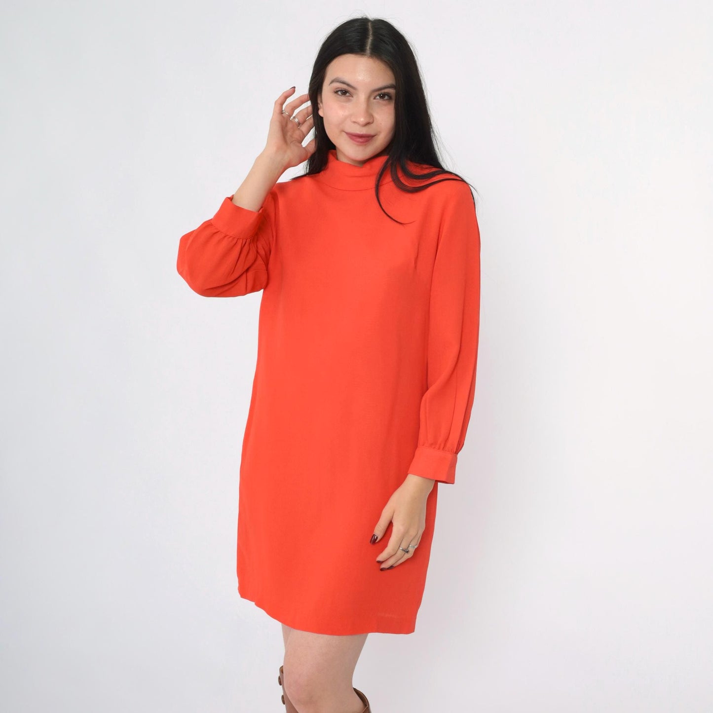 60s Orange Shift Dress Mock Neck Long Sleeve Mini Mod Space Age Small