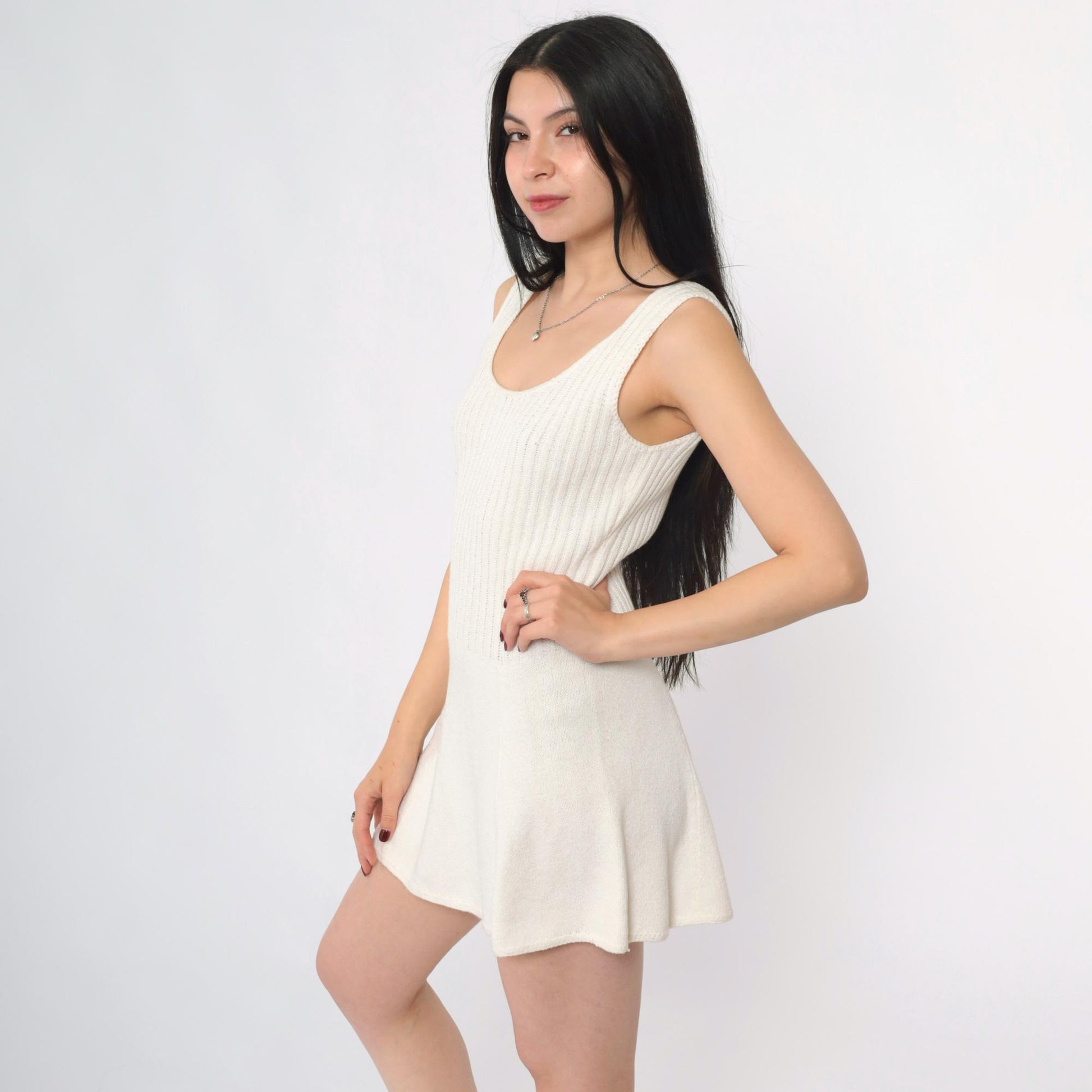 60s Tennisknit Hampton Court Off-White Knit Mini Dress Scoop Neck Drop Waist XS