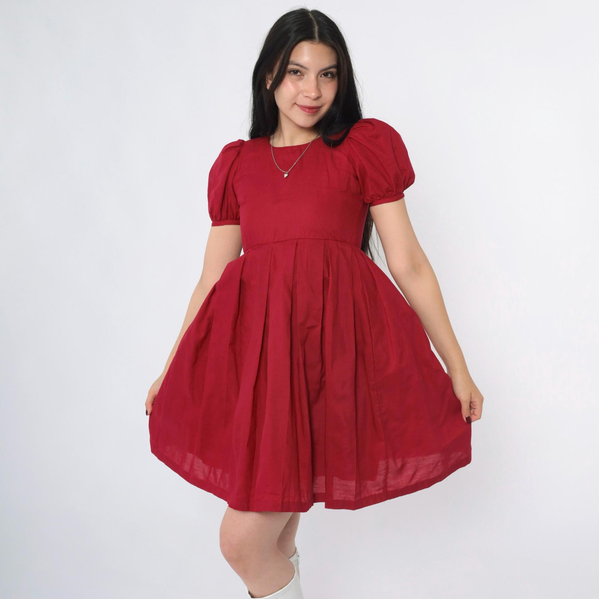 80s Burgundy Puff Sleeve Mini Dress High Waist Pleated Babydoll XXS