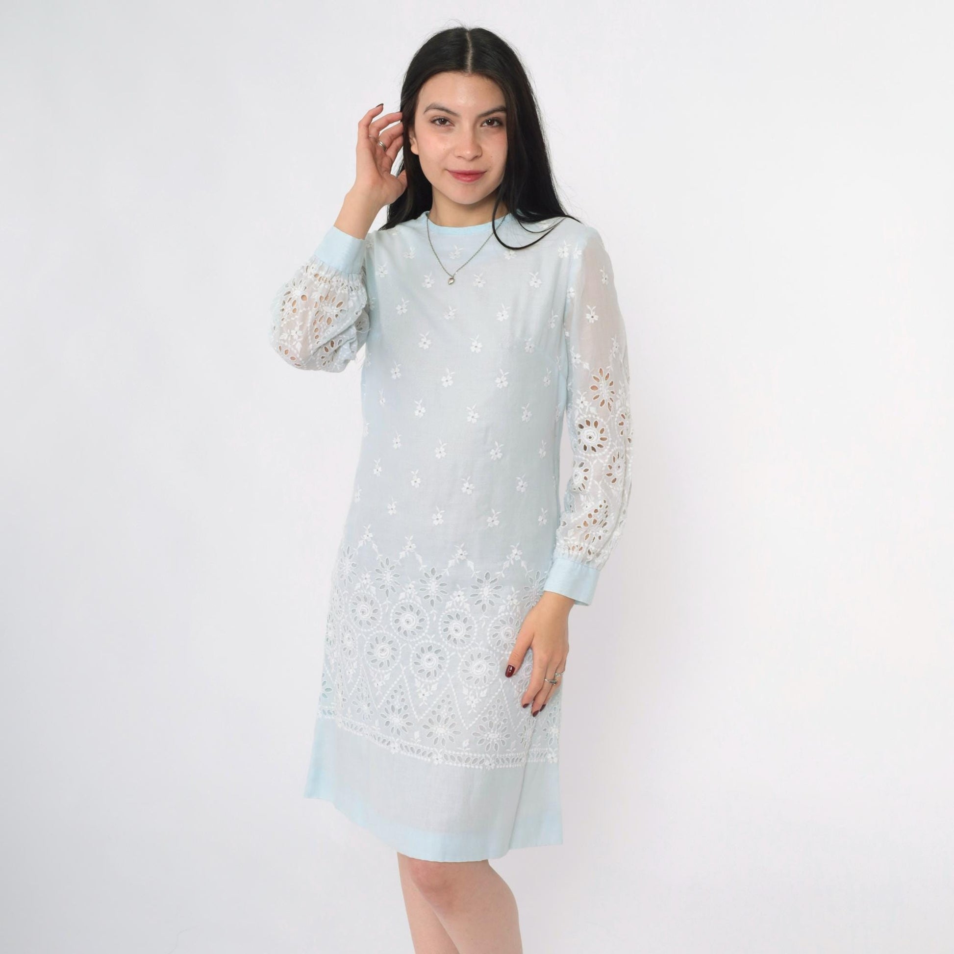 60s Howard Wolf Baby Blue Eyelet Lace Mini Dress Long Sleeve Small S
