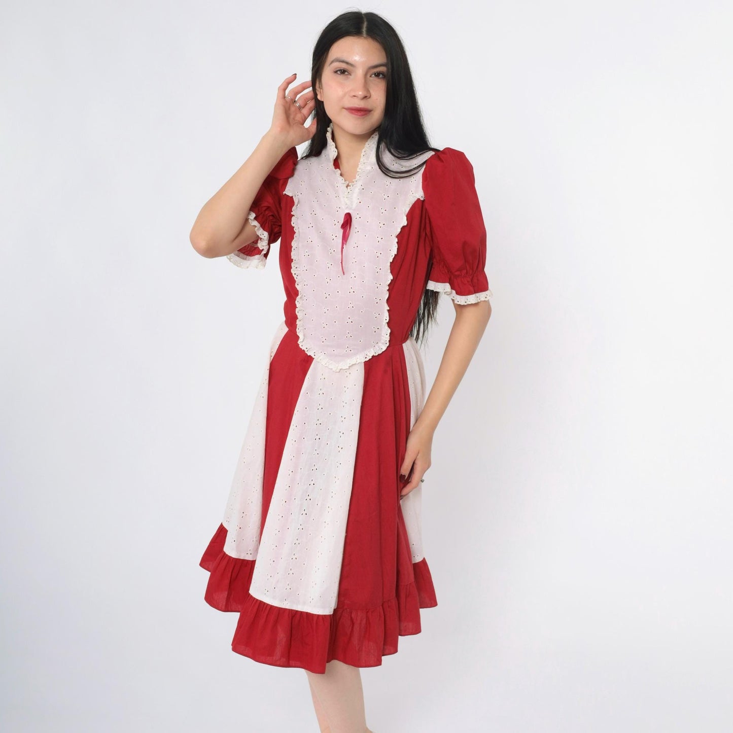 70s Burgundy Eyelet Lace Prairie Dress Puff Sleeve Midi High Waist Small