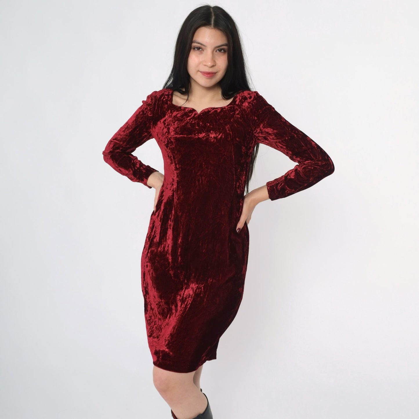 80s Burgundy Velvet Puff Sleeve Dress Sweetheart Neckline Mini Extra Small