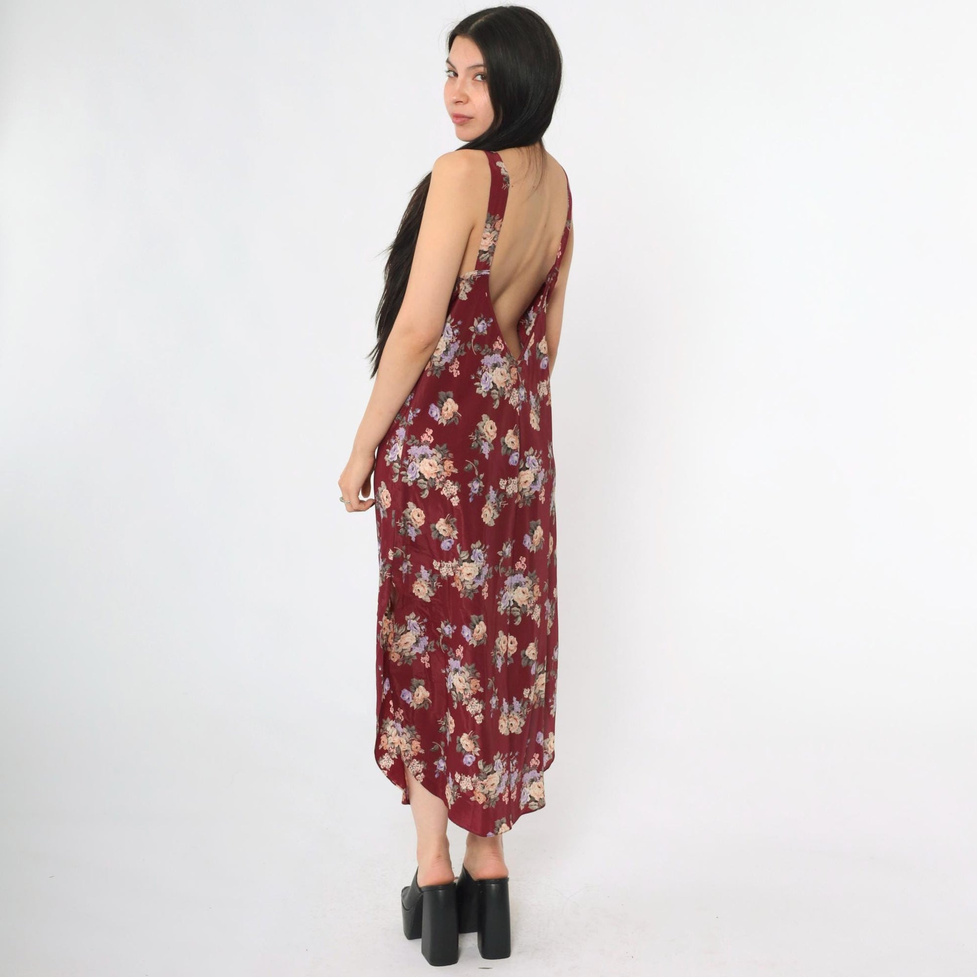 90s Burgundy Floral Satin Slip Dress Lace Trim Deep V Back Midi Medium