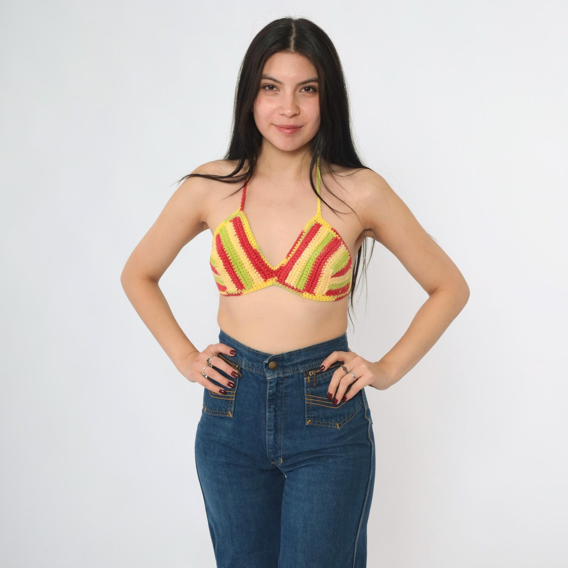 Y2K Striped Crochet Halter Bikini Top Red Yellow Green Triangle Crop Extra Small