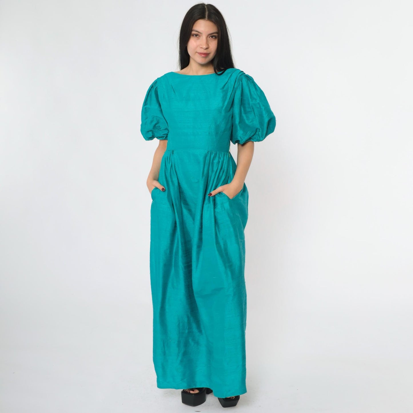80s House of Bianchi Teal Silk Puff Sleeve Maxi Gown Low Back Extra Small