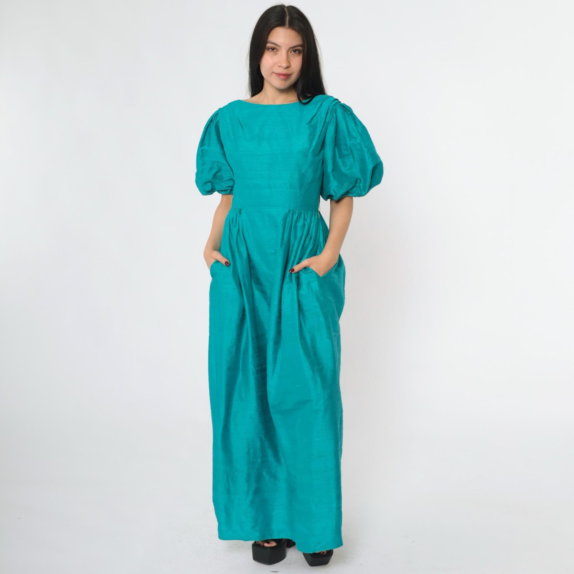80s House of Bianchi Teal Silk Puff Sleeve Maxi Gown Low Back Extra Small