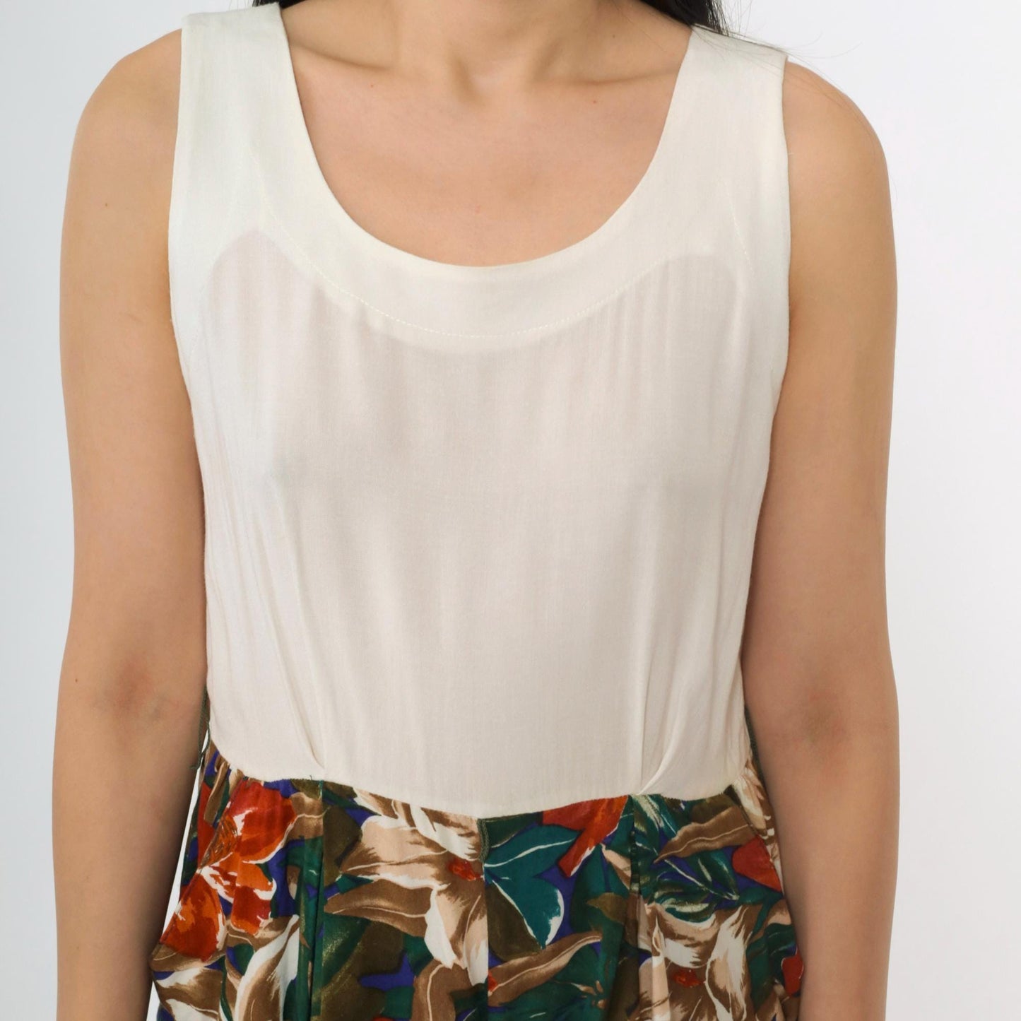 90s Tropical Floral White Romper Pleated Wide Leg Sleeveless Medium