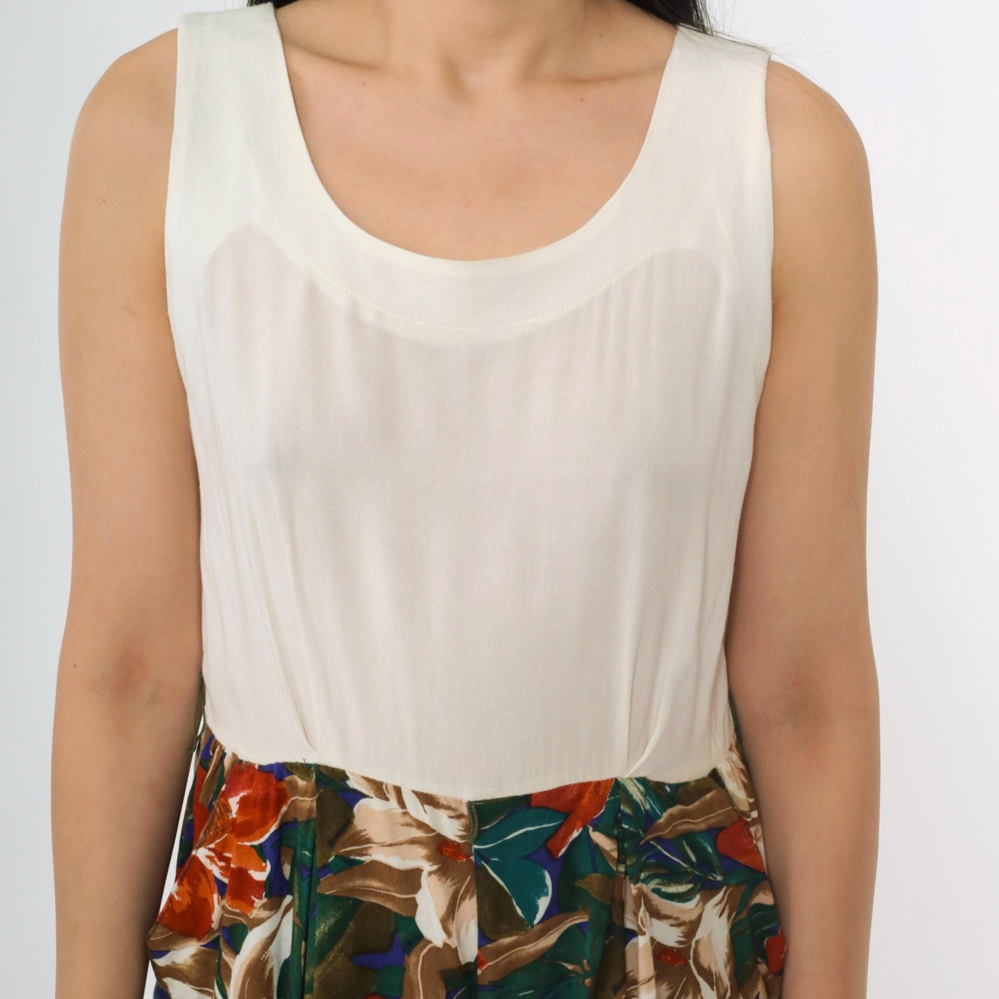 90s Tropical Floral White Romper Pleated Wide Leg Sleeveless Medium