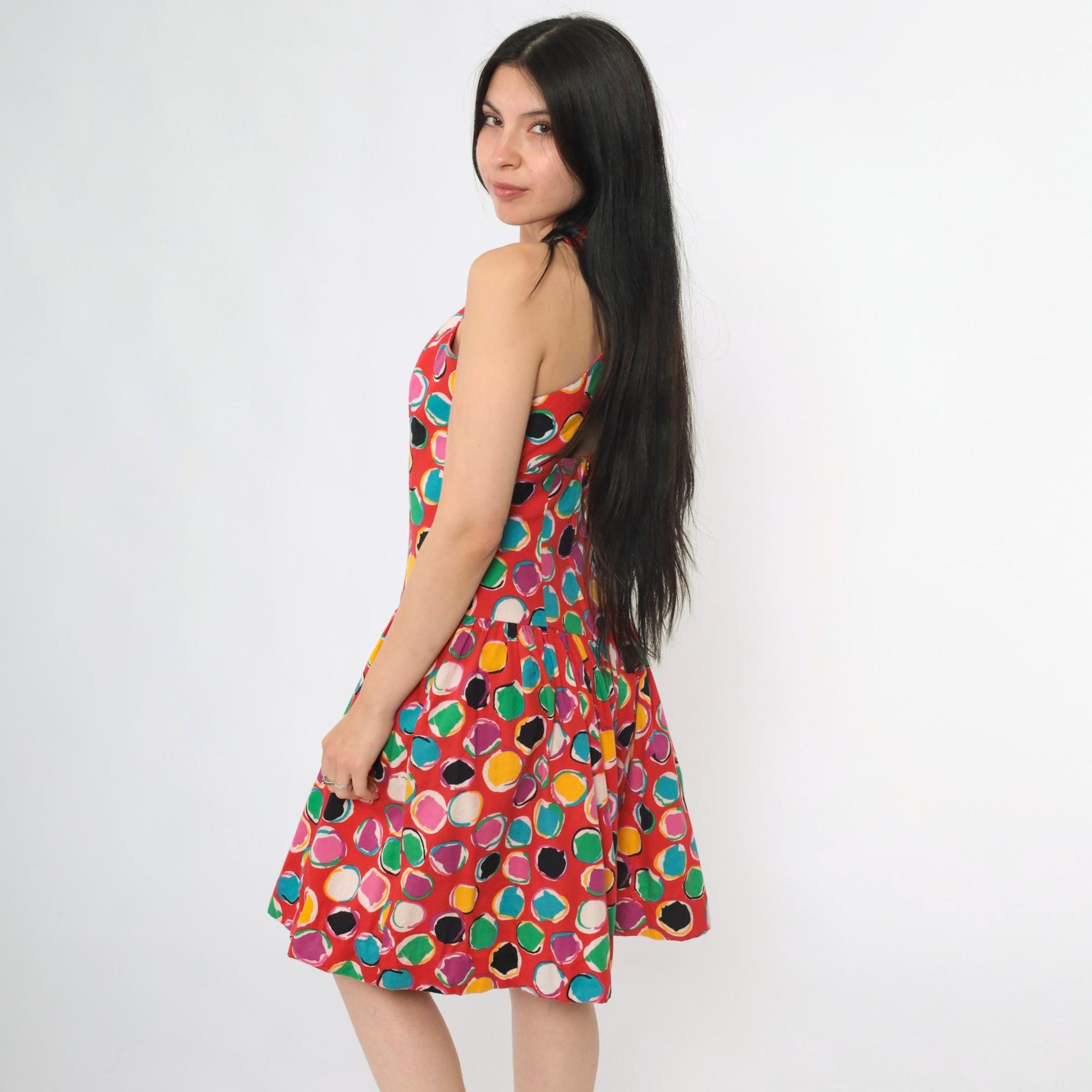 80s Paluzzi Red Cotton Halter Dress Keyhole Cutout Open Back Knee XS