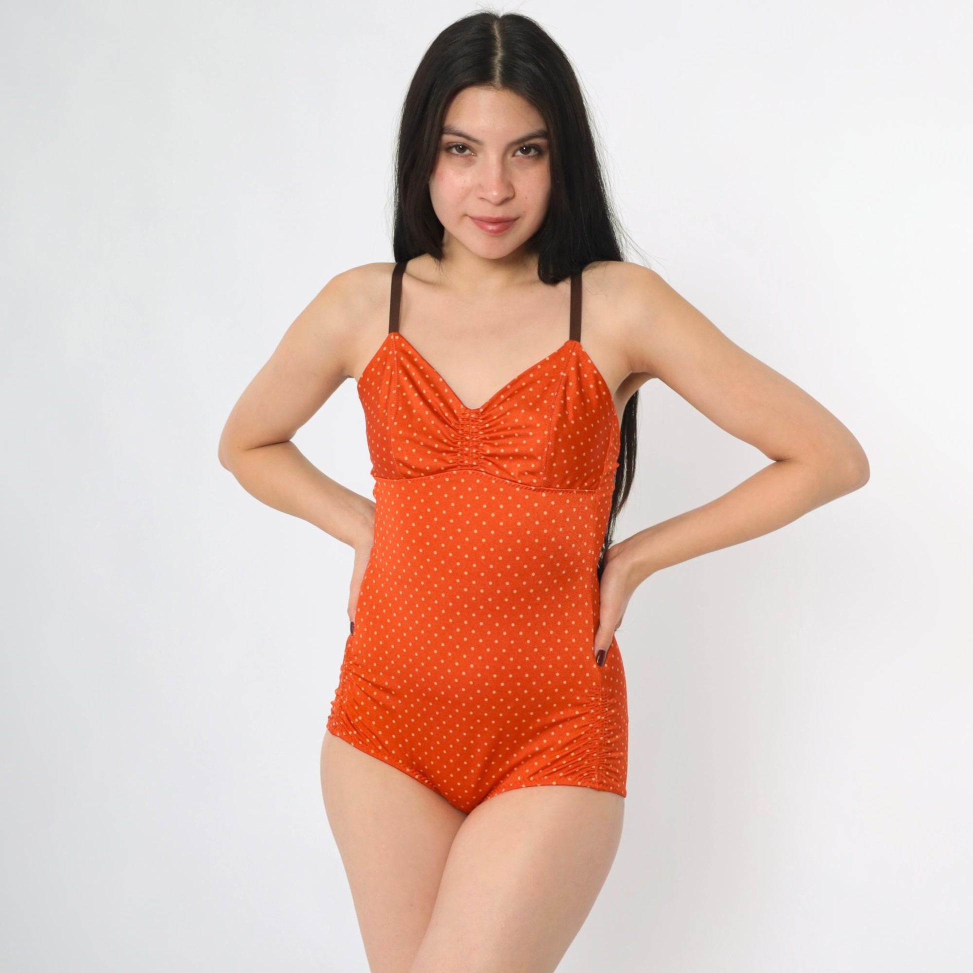 Malia Mills Orange Polka Dot One-Piece Swimsuit Ruched Bust Small 6