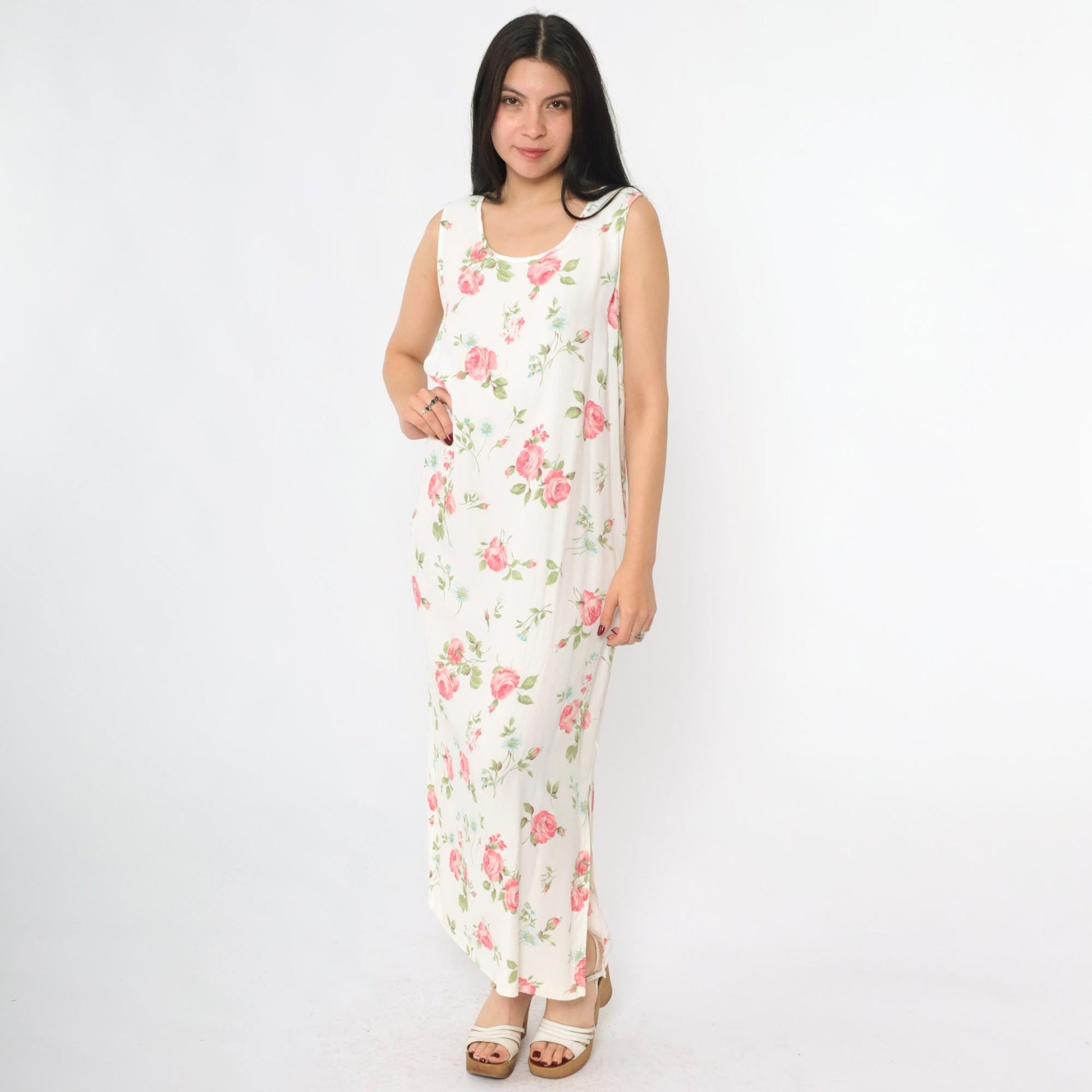 90s Pink Floral White Maxi Dress Sleeveless Scoop Neck Side Slit Medium
