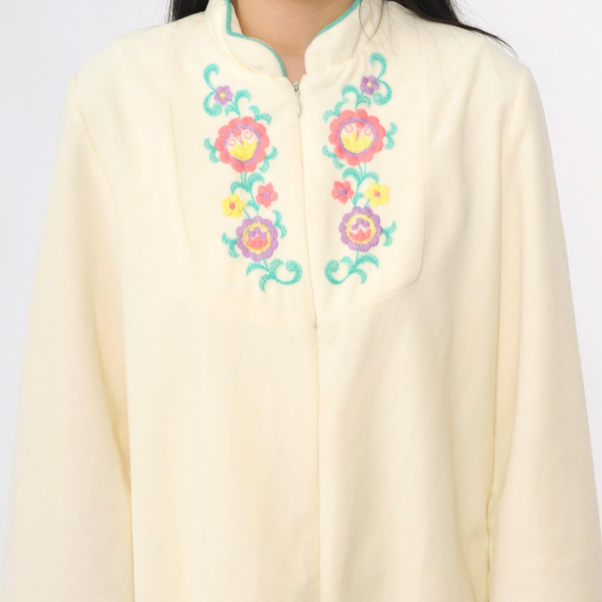80s Cream Velour Lounge Dress Floral Embroidery Zip Front Ankle Length Small