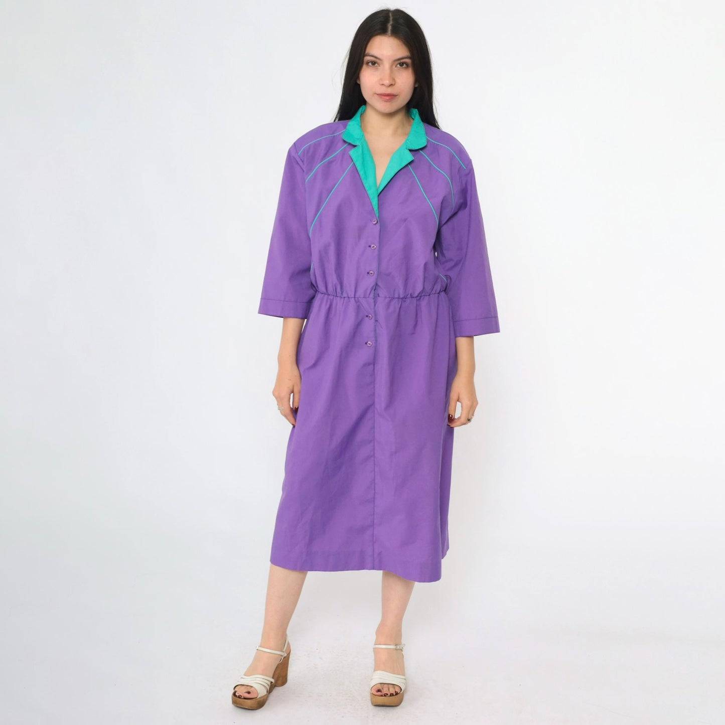 80s Purple Shirtdress Turquoise Collar Midi Button-Up High Waist Medium