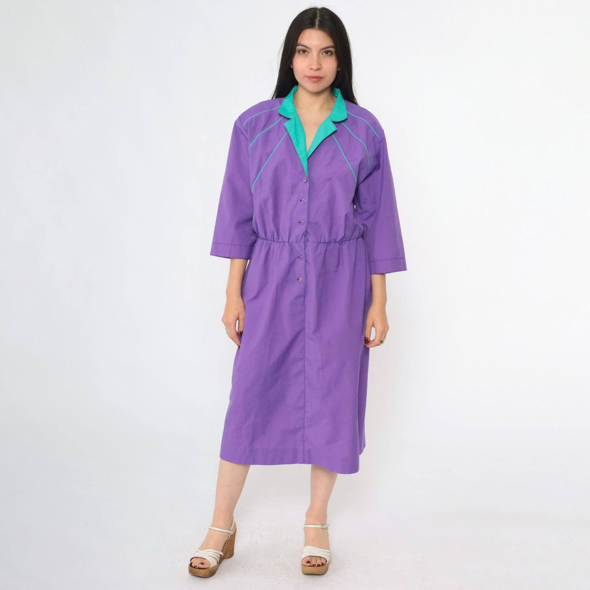 80s Purple Shirtdress Turquoise Collar Midi Button-Up High Waist Medium