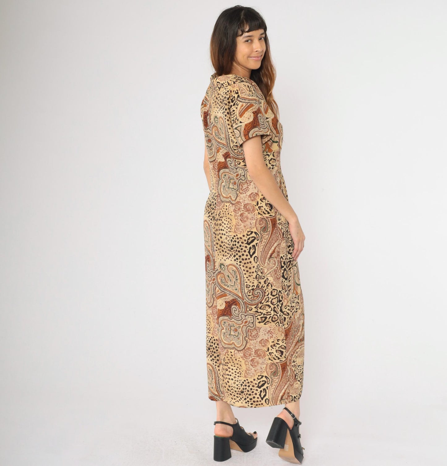 90s Leopard Paisley Maxi Shirtdress Animal Print Button-Up Yellow Burnt Orange Large 14
