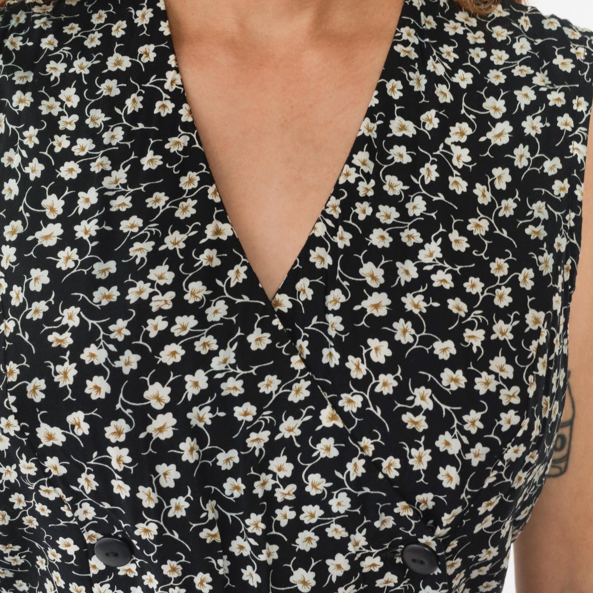 90s Black Floral Romper Dress Wide Leg Sleeveless Button Front Large