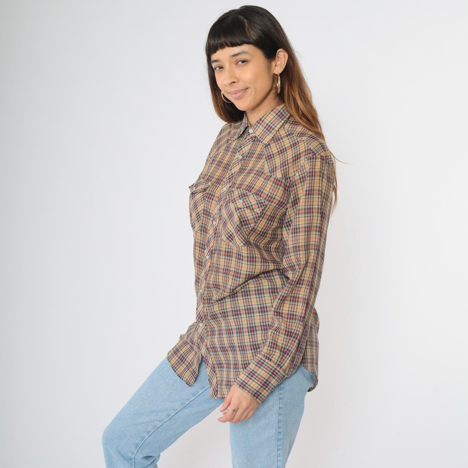 80s Plaid Western Pearl Snap Shirt Tan Red Blue Men's Medium