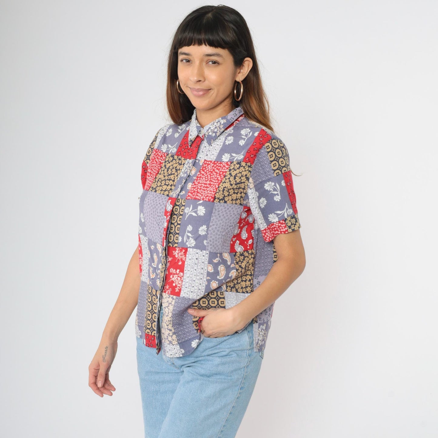90s Alfred Dunner Patchwork Floral Paisley Button Up Blouse Muted Blue Red Medium