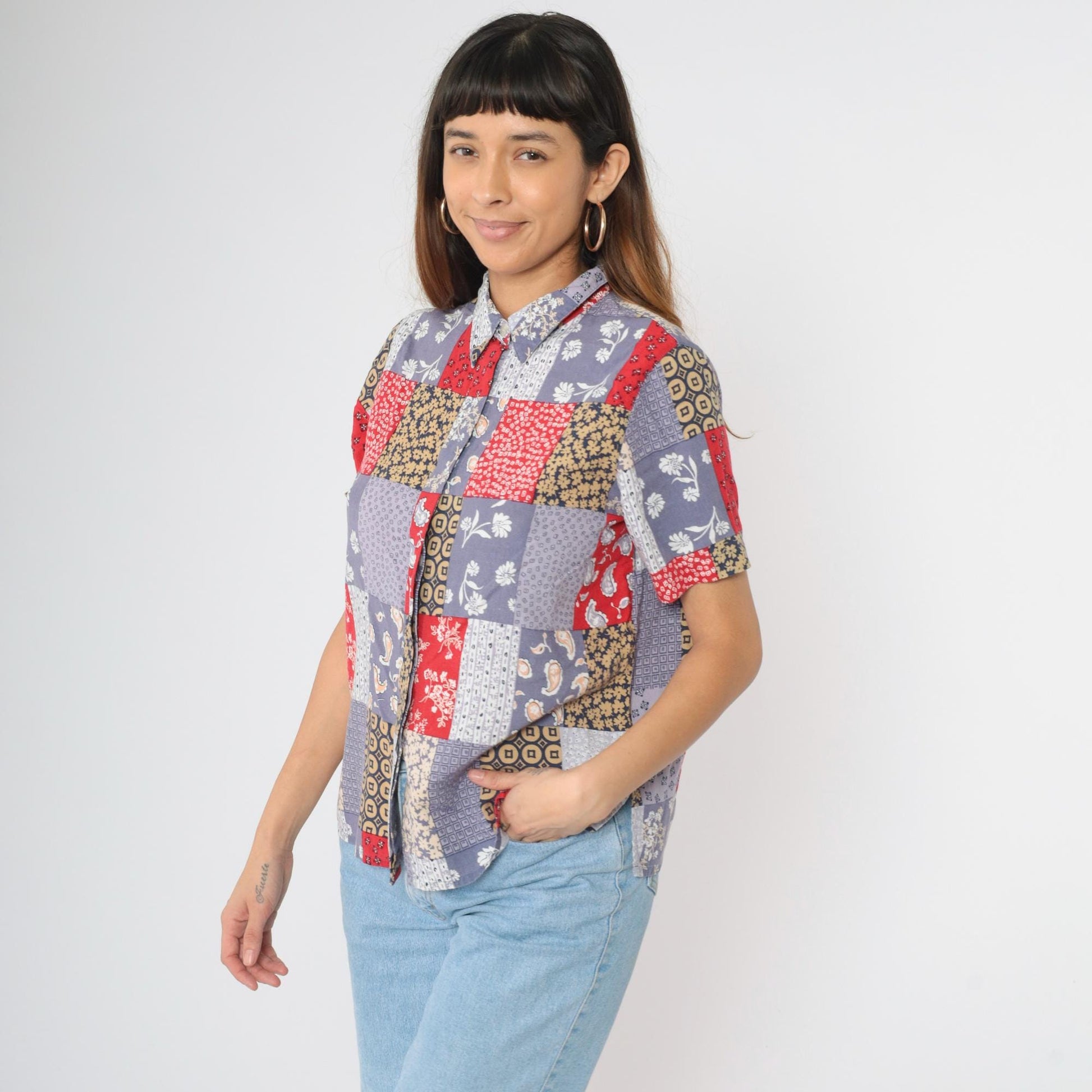 90s Alfred Dunner Patchwork Floral Paisley Button Up Blouse Muted Blue Red Medium