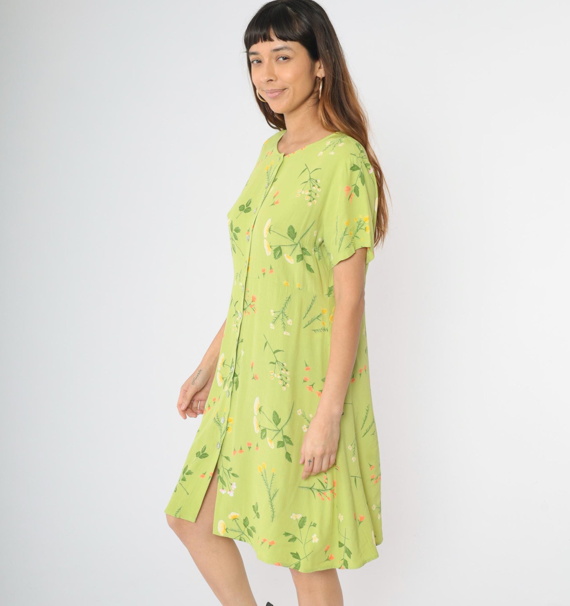 90s Lime Green Floral Rayon Dress High Waist Button Front Knee Length Large
