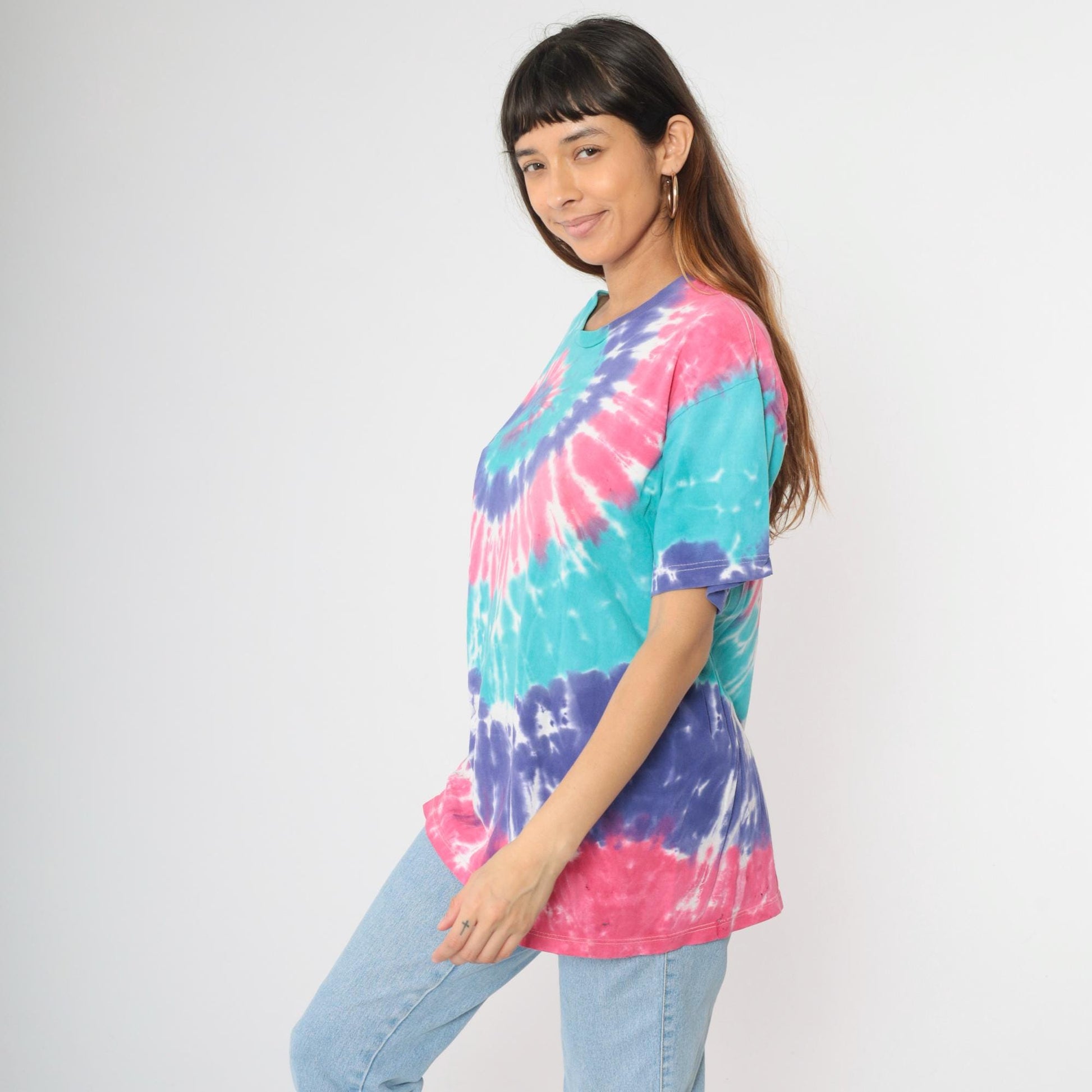 90s Tie Dye Swirl T-Shirt Pink Purple Turquoise Distressed Cotton Crewneck Large