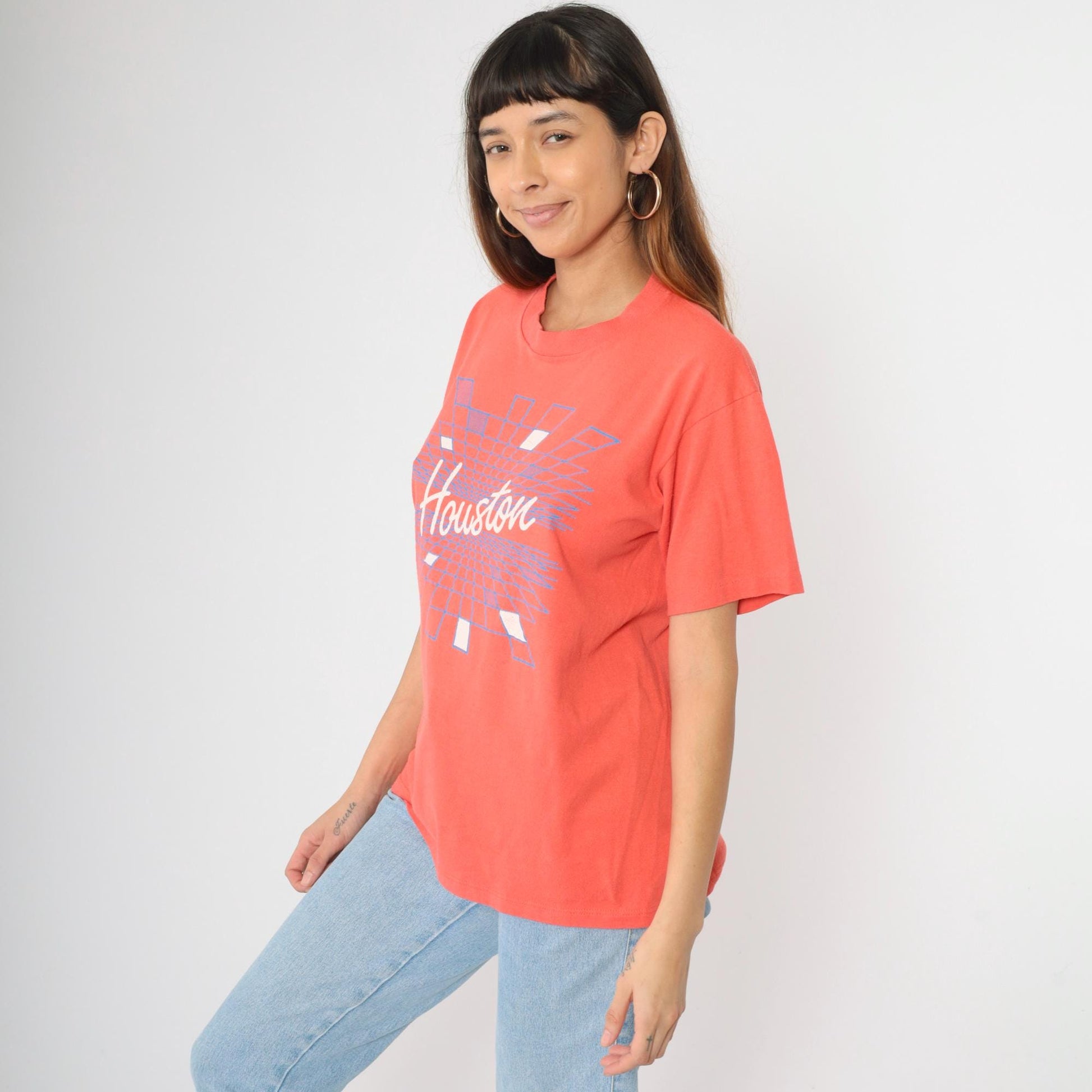 80s Houston Graphic T-Shirt Orange Spellout Velva Sheen Medium