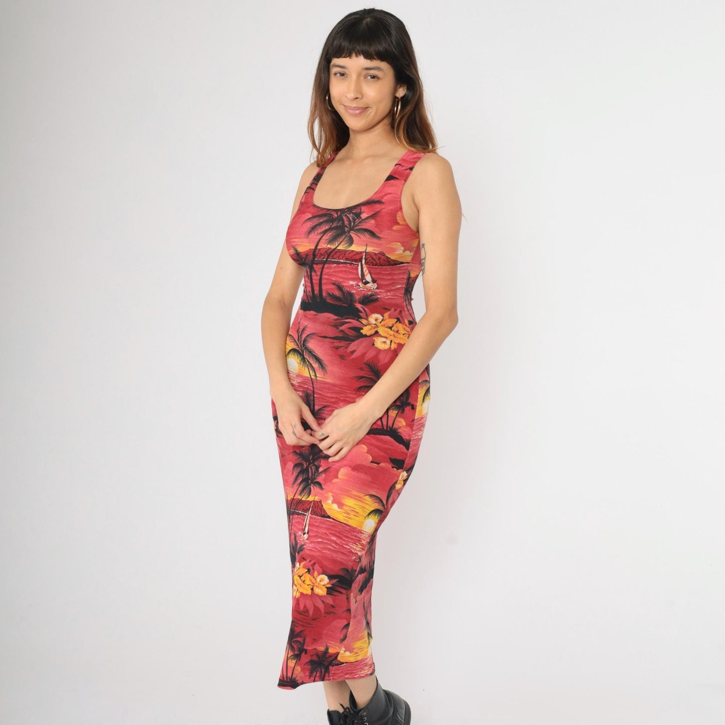 90s Hawaiian Tropical Midi Bodycon Dress Red Palm Tree Print Small S