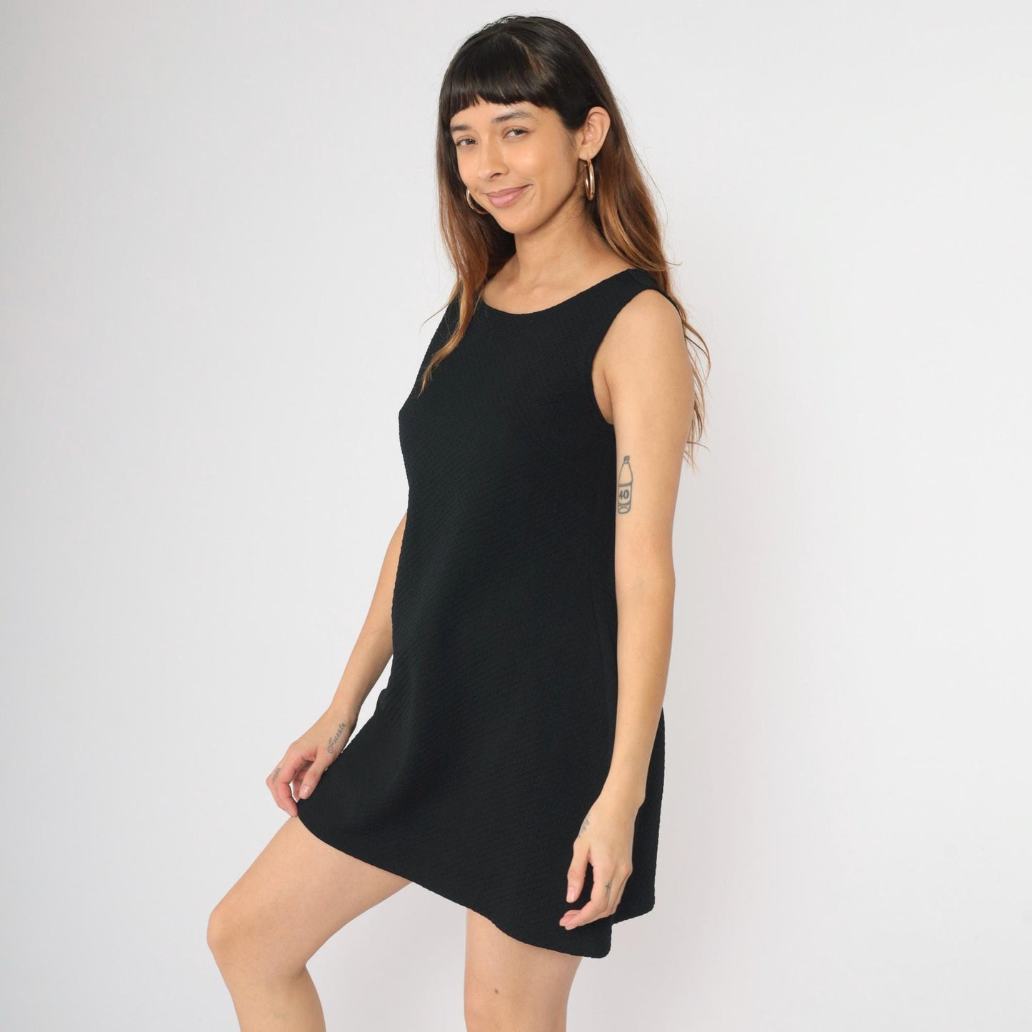 90s Black Honeycomb Textured A-Line Mini Dress Sleeveless Scoop Neck Small Medium