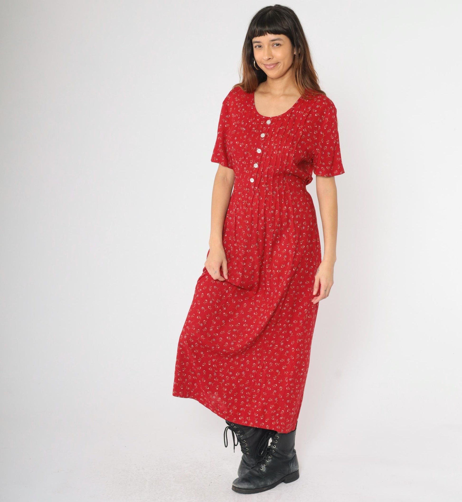 90s Betsy Lauren Red Floral Maxi Dress Scoop Neck Short Sleeve Medium