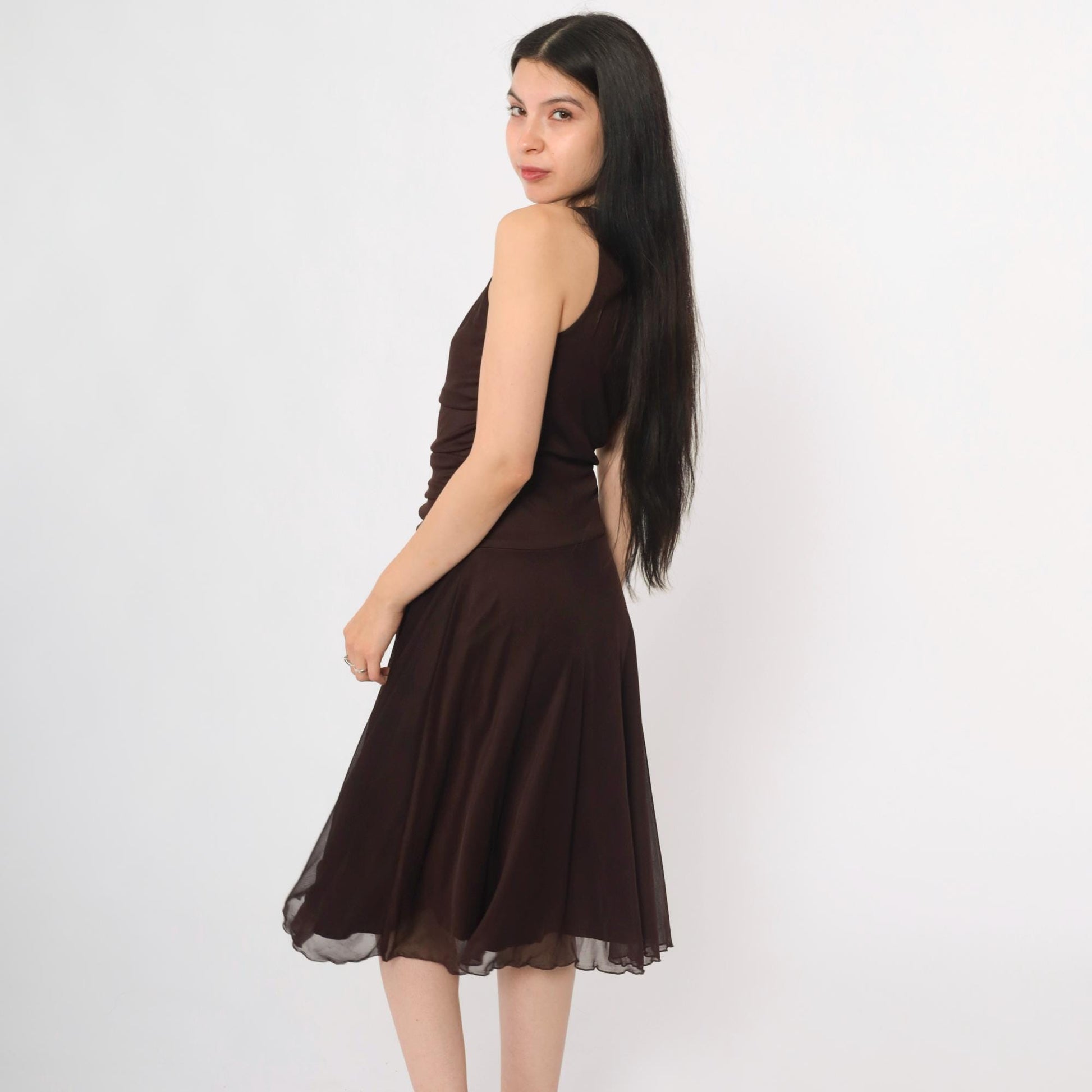 Y2K Brown Mesh One-Shoulder Midi Dress Ruched Asymmetrical Small S