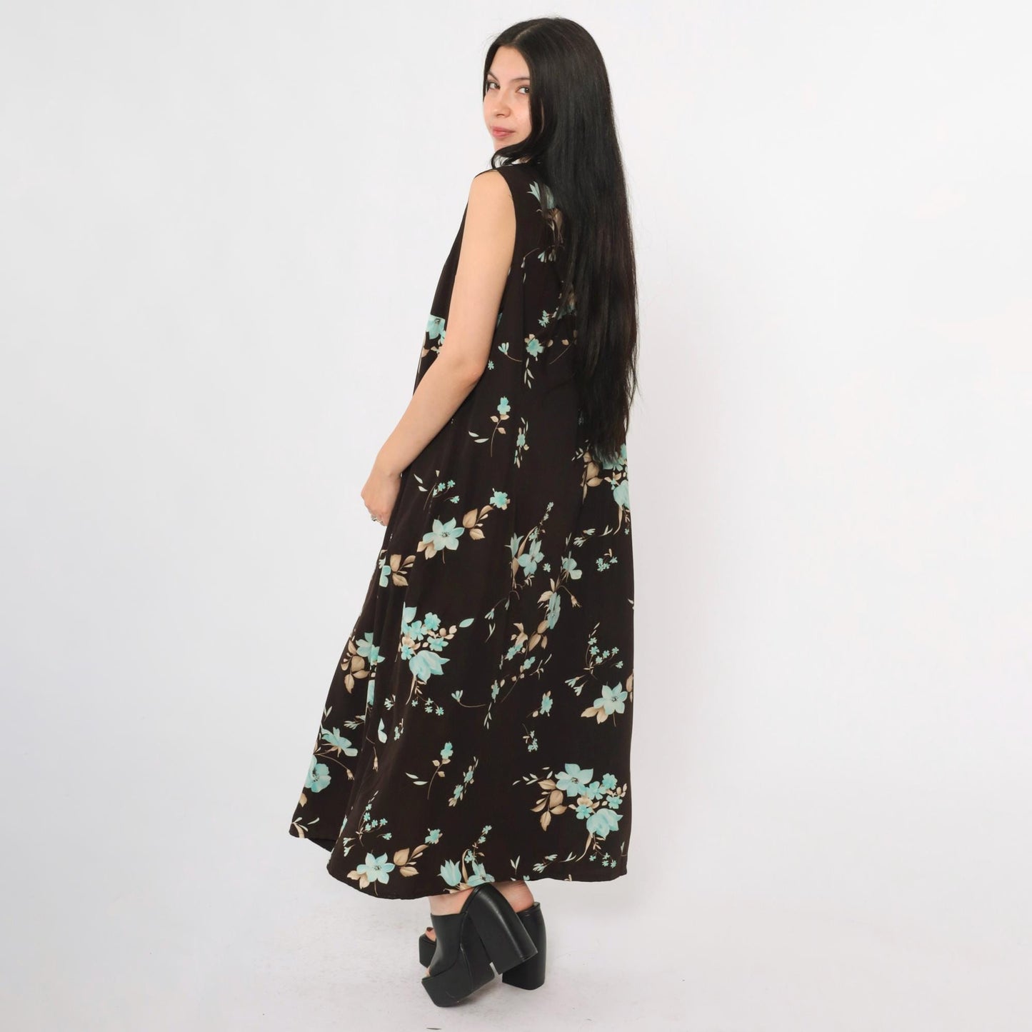 90s Studio I Brown Floral Maxi Dress Plus Size 18W Sleeveless Collared V-Neck