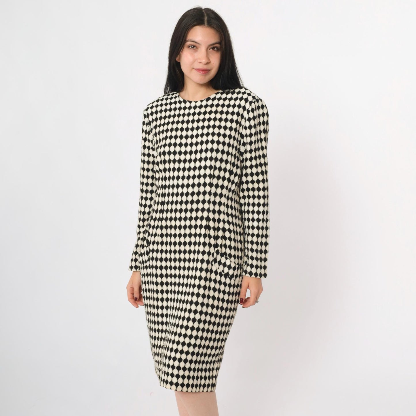 80s Jackie Bernard Black White Checkered Knee-Length Dress Medium