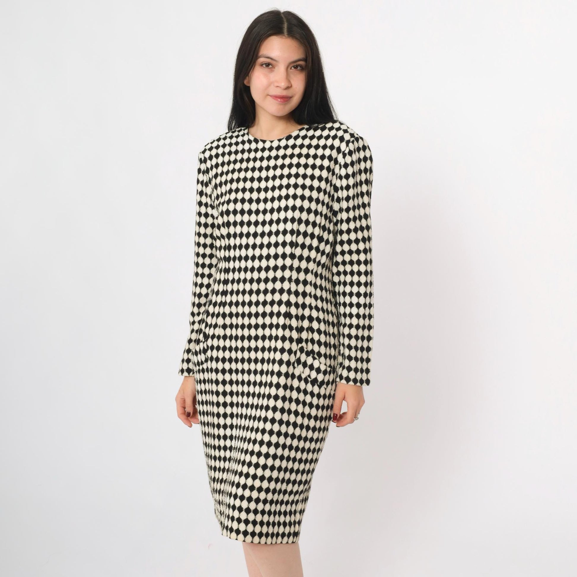 80s Jackie Bernard Black White Checkered Knee-Length Dress Medium