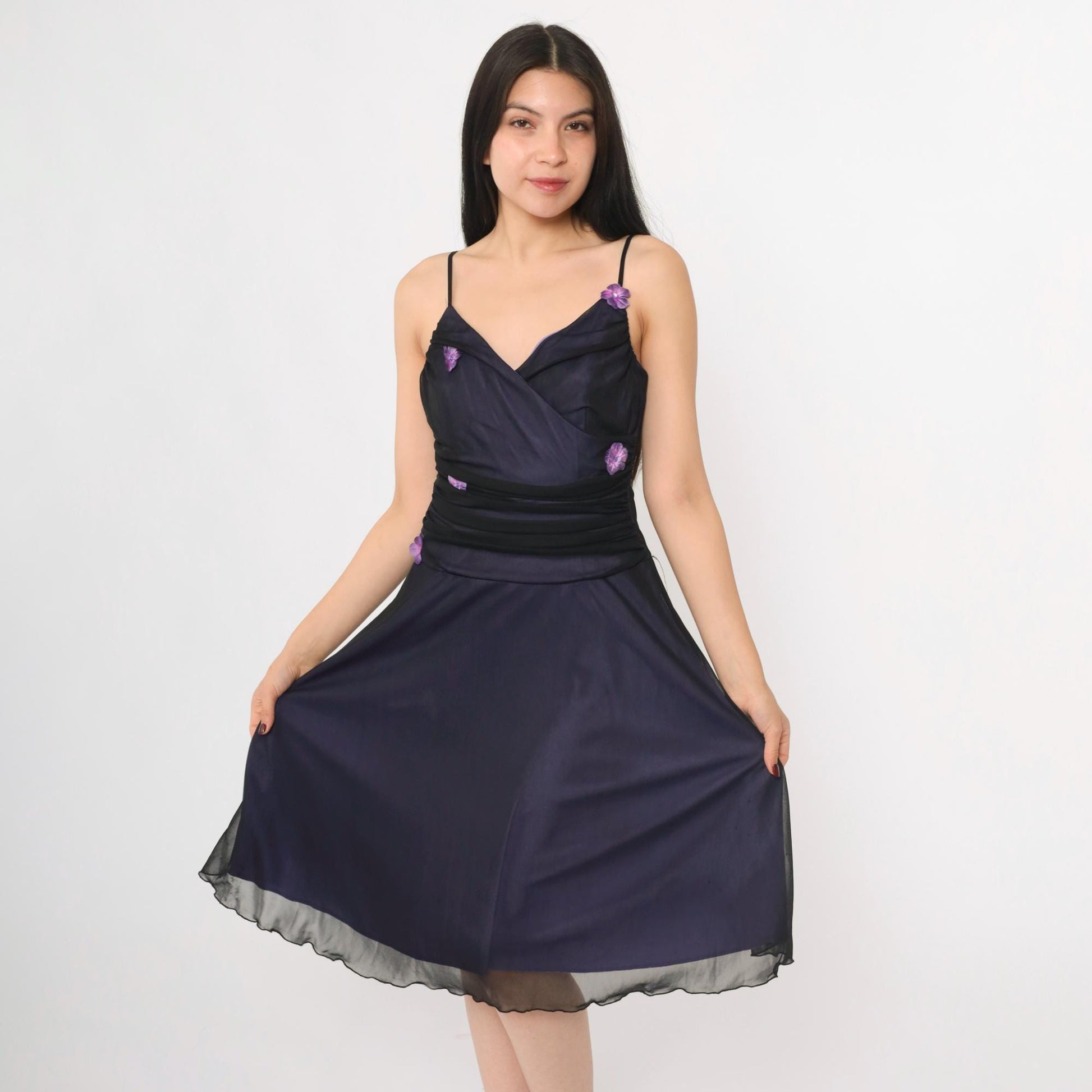 Y2K Purple Mesh Midi Dress Black Floral Applique Spaghetti Strap V Neck Medium
