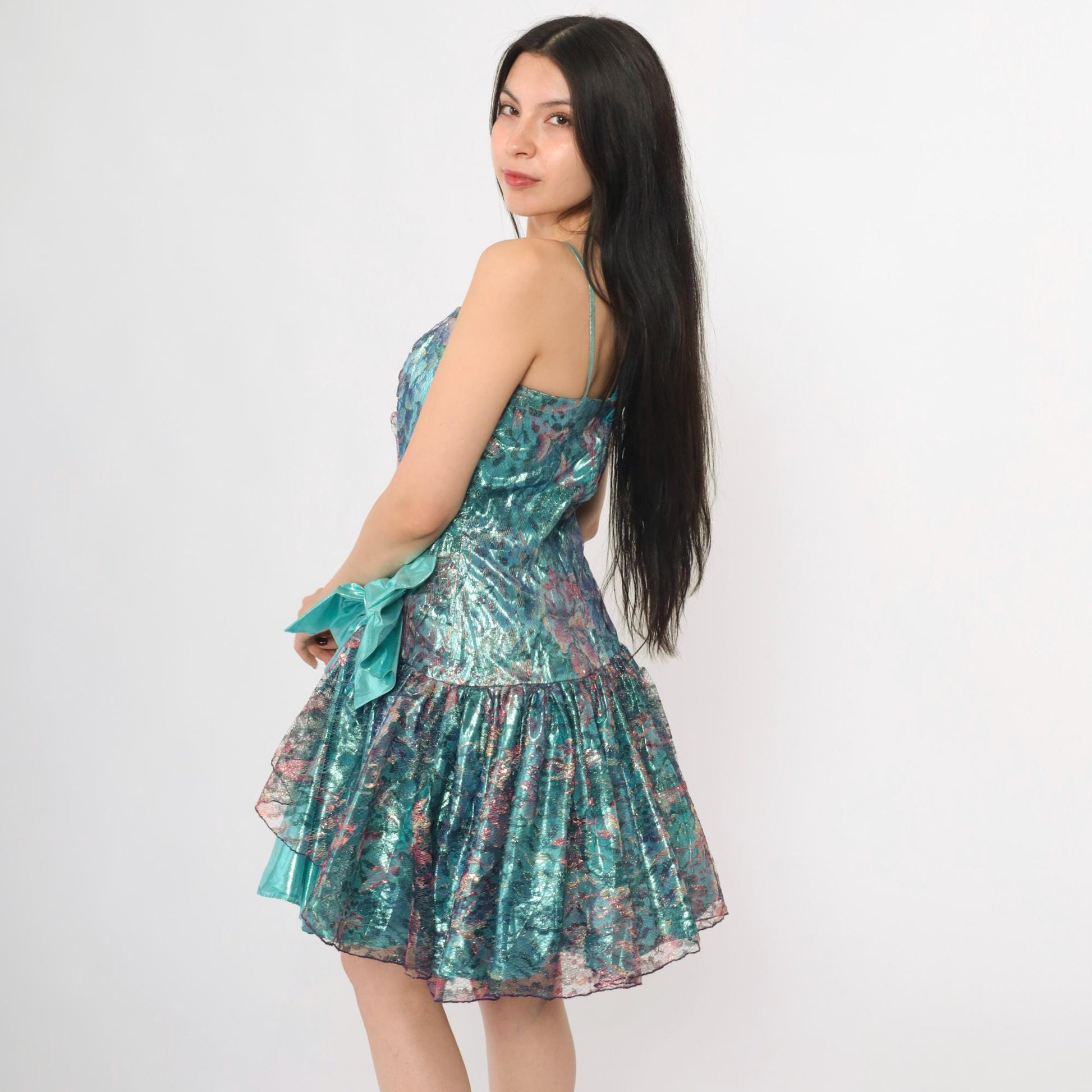 80s Teal Lamé Party Dress Sweetheart Neckline Metallic Lace Mini XS