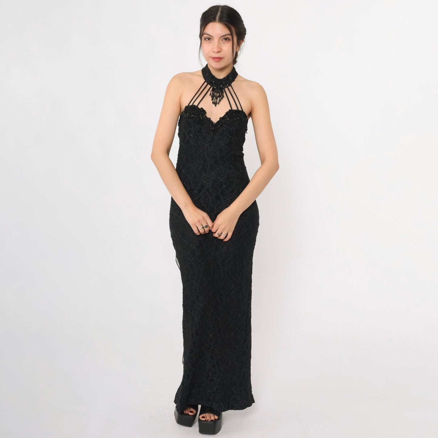 90s Black Lace Halter Maxi Gown Beaded Choker Neck Bodycon Train Medium