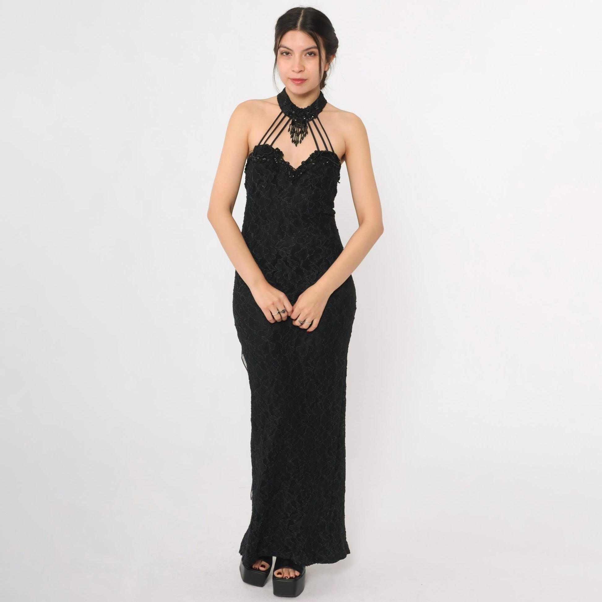 90s Black Lace Halter Maxi Gown Beaded Choker Neck Bodycon Train Medium