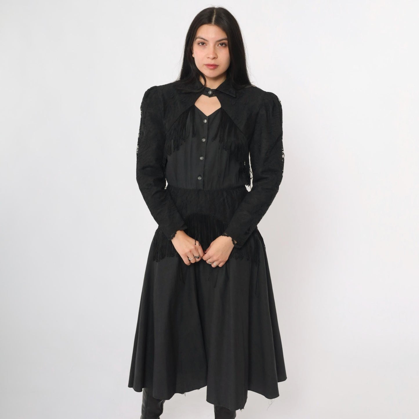 80s Lilia Smitty Western Midi Dress Black Fringe Cotton Puff Sleeve Small